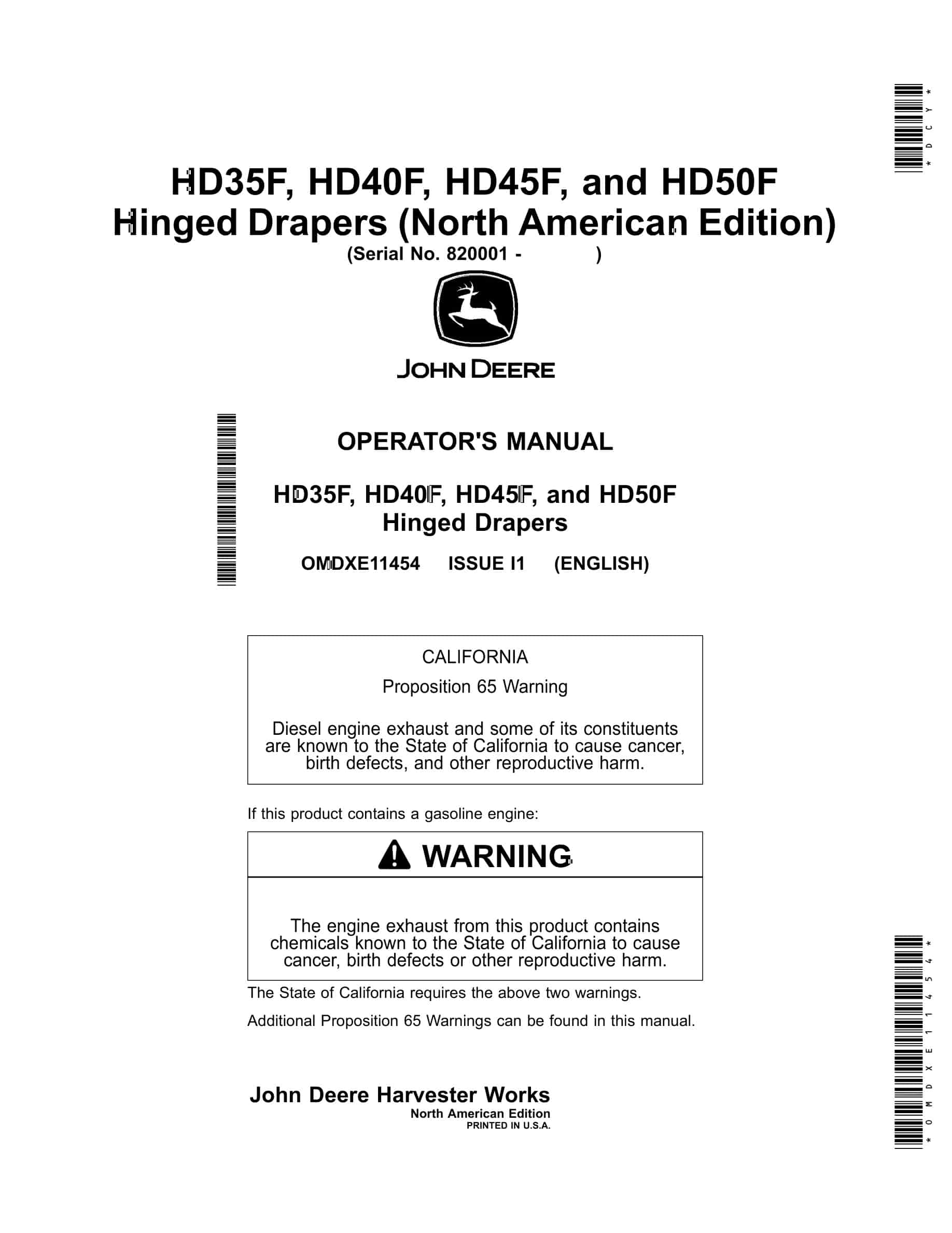 John Deere HD35F, HD40F, HD45F, and HD50F Hinged Drapers Operator Manual OMDXE11454-1