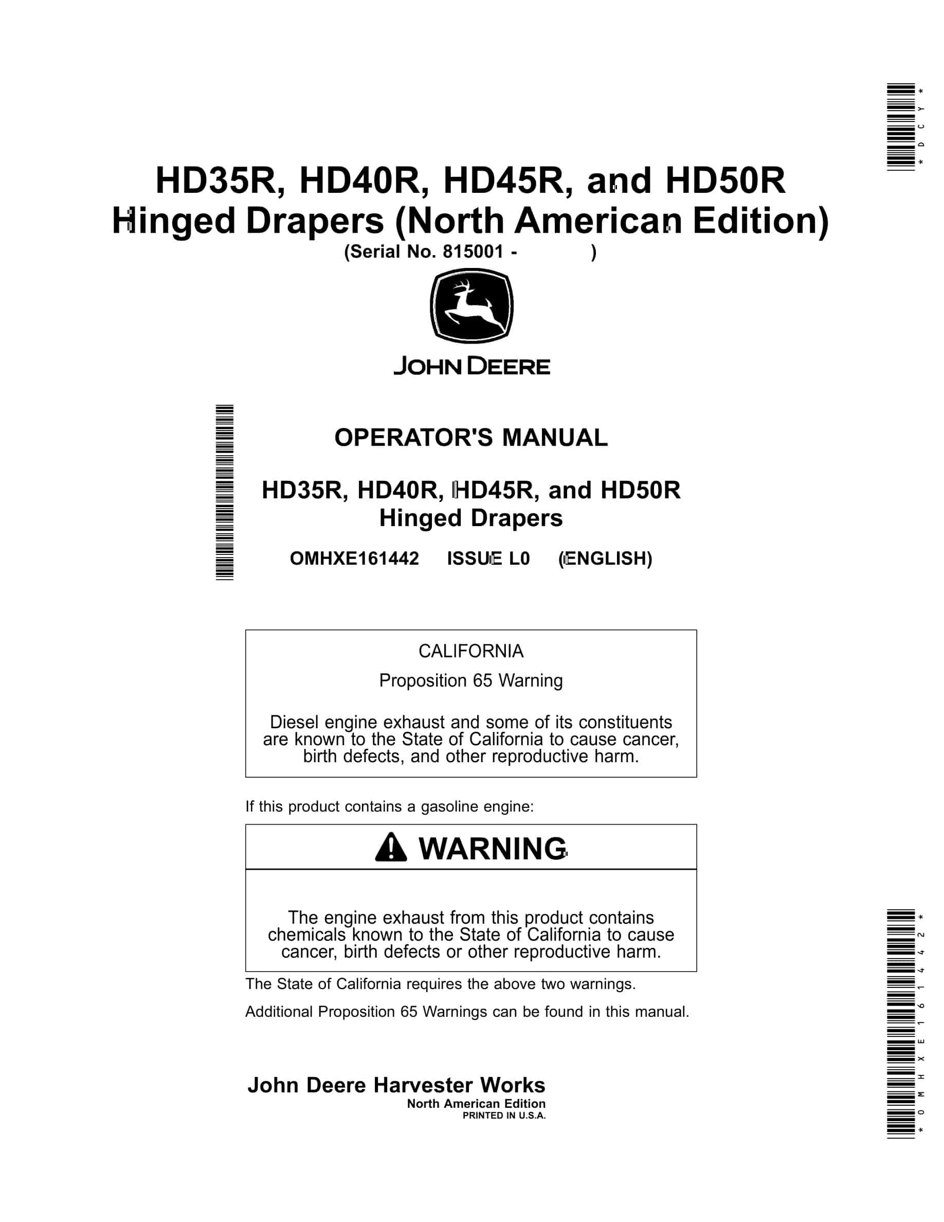John Deere HD35R, HD40R, HD45R, and HD50R Hinged Drapers Operator Manual OMHXE161442-1