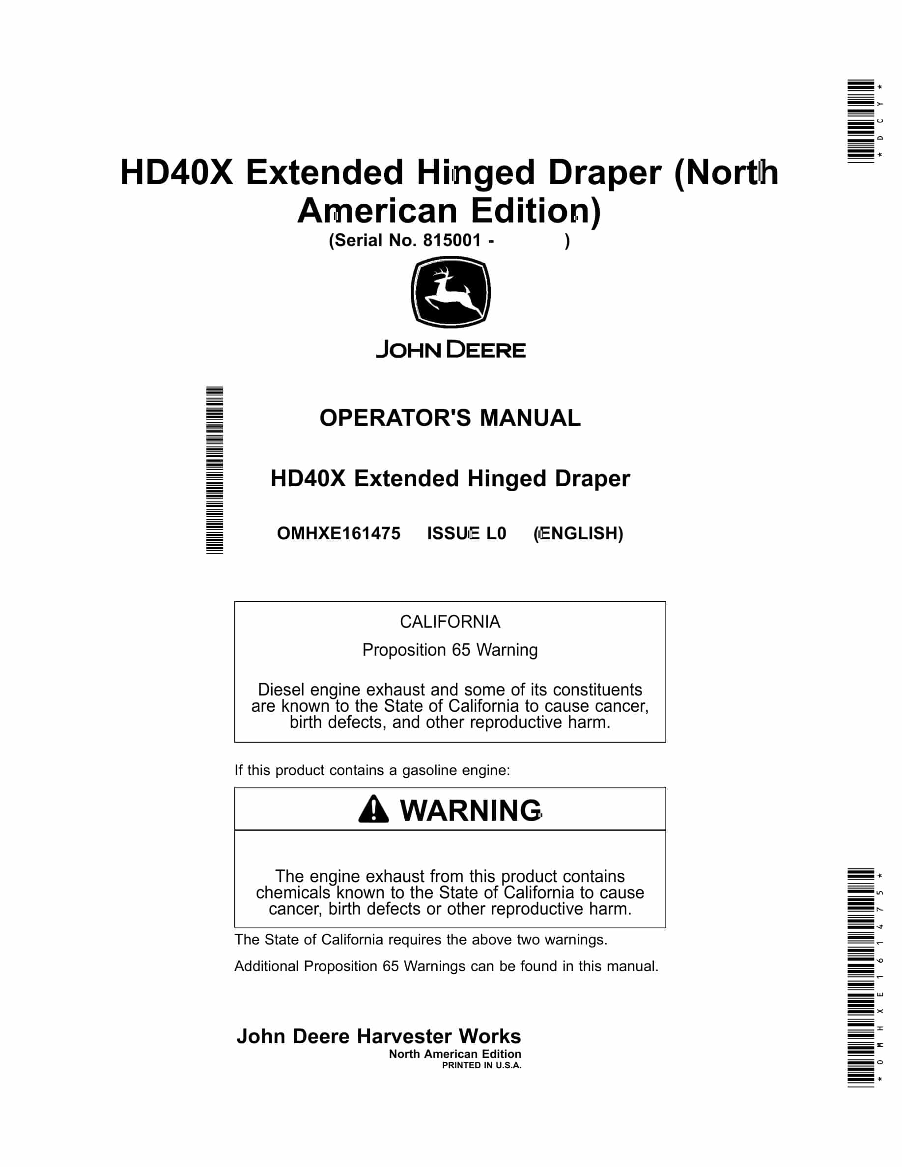 John Deere HD40X Extended Hinged Draper Operator Manual OMHXE161475-1