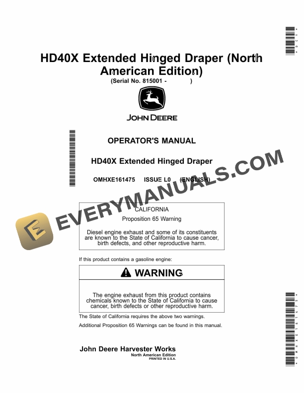 John Deere HD40X Extended Hinged Draper Operator Manual OMHXE161475-1