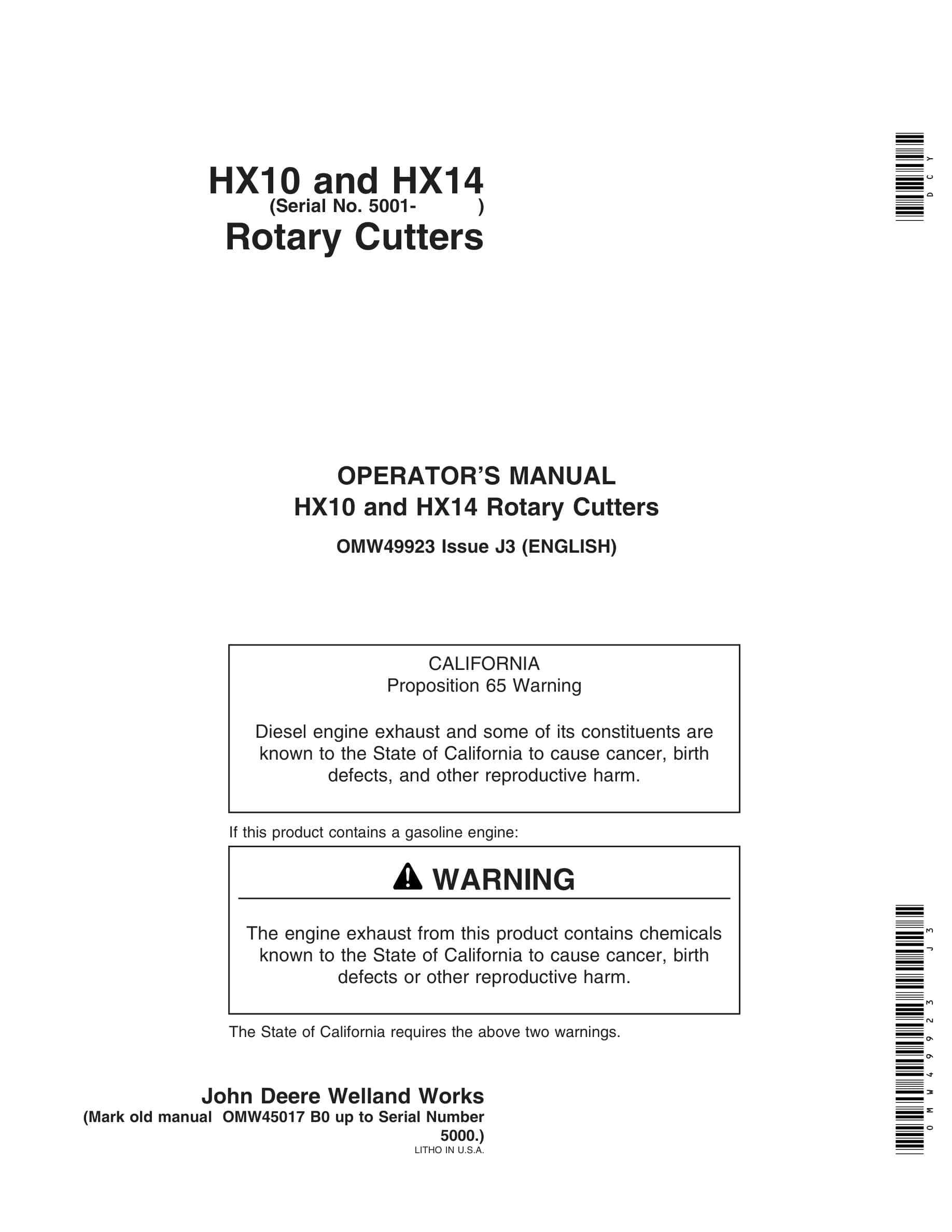 John Deere HX10 and HX14 Rotary Cutter Operator Manual OMW49923-1