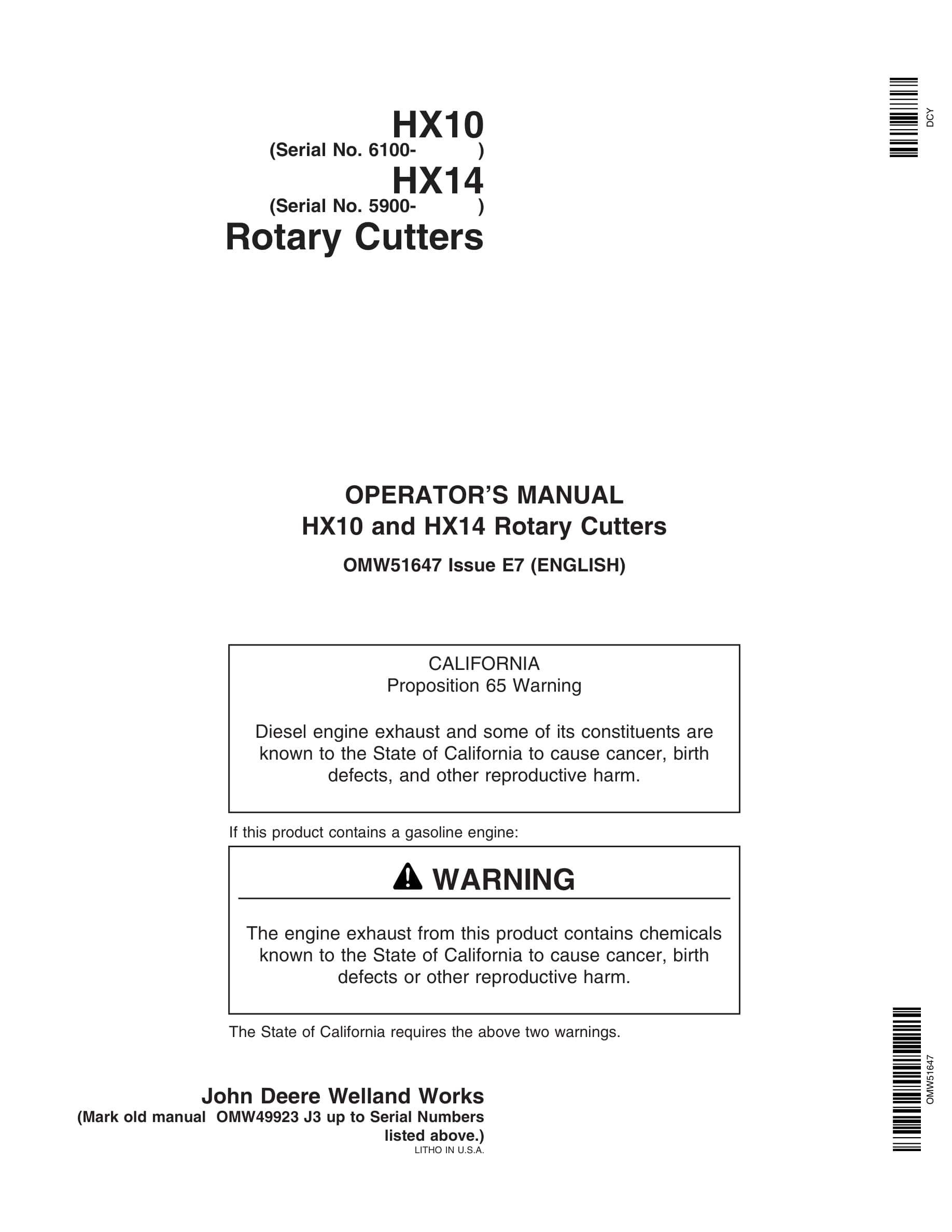 John Deere HX10 and HX14 Rotary Cutter Operator Manual OMW51647-1