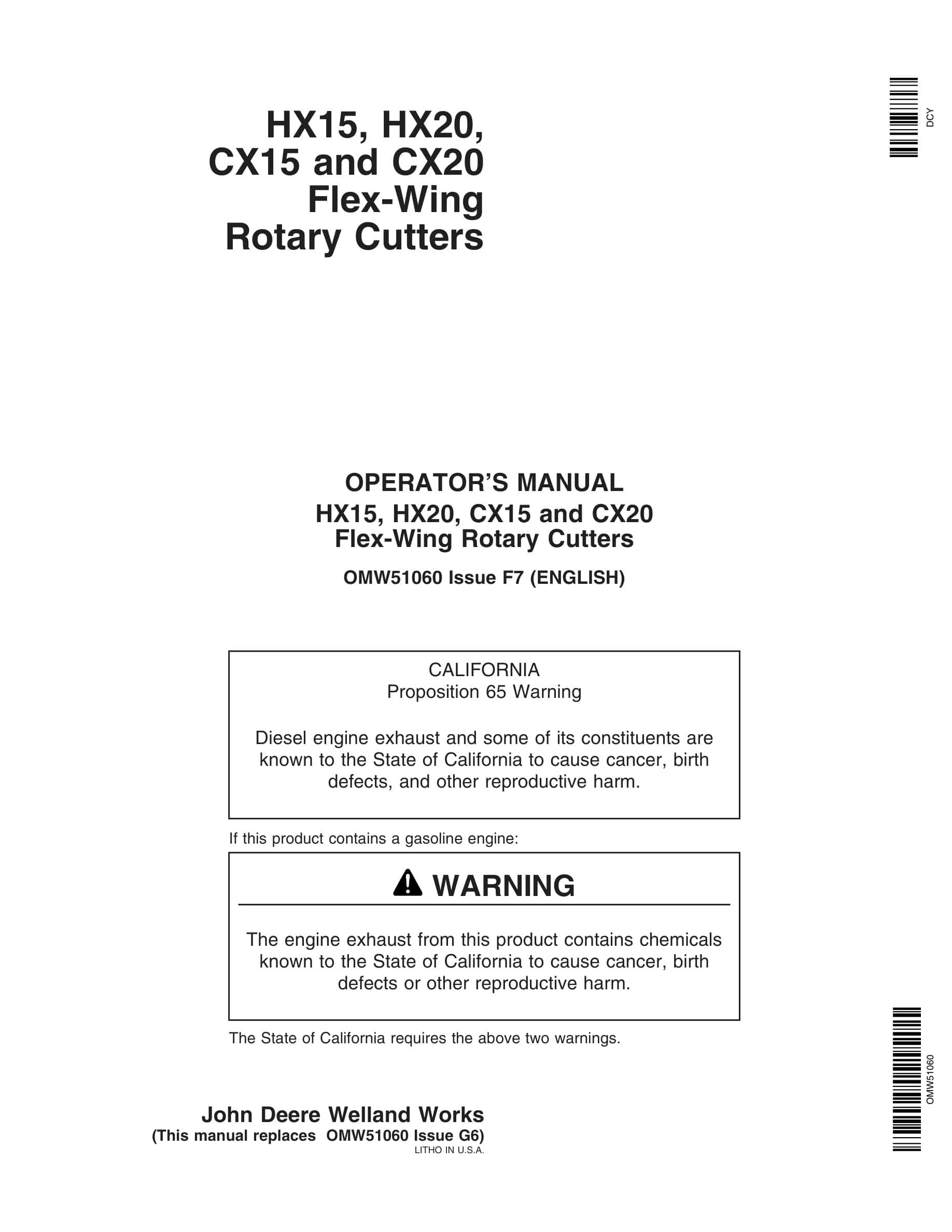 John Deere HX15, HX20, CX15 and CX20 Flex-Wing Rotary Cutter Operator Manual OMW51060-1