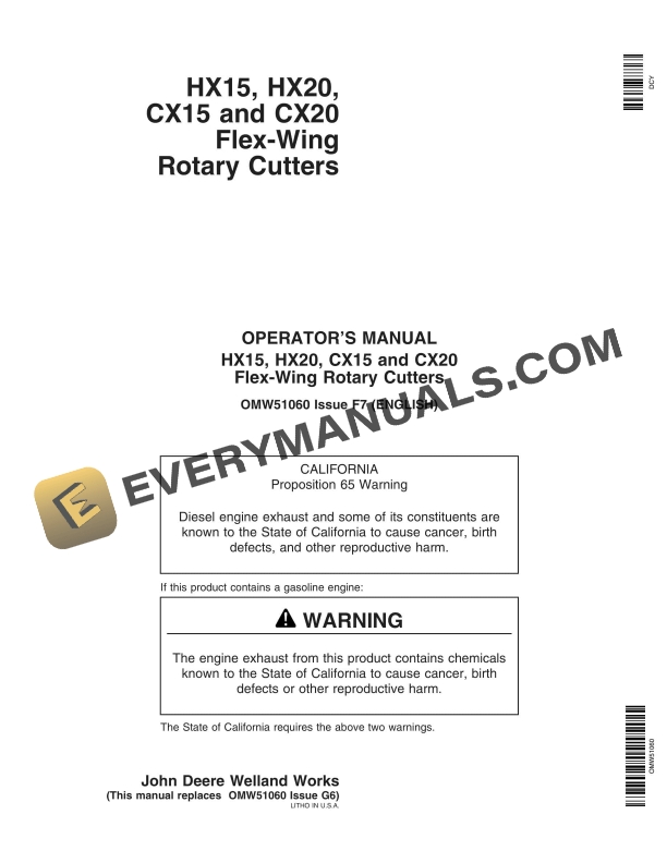 John Deere HX15, HX20, CX15 and CX20 Flex-Wing Rotary Cutter Operator Manual OMW51060-1