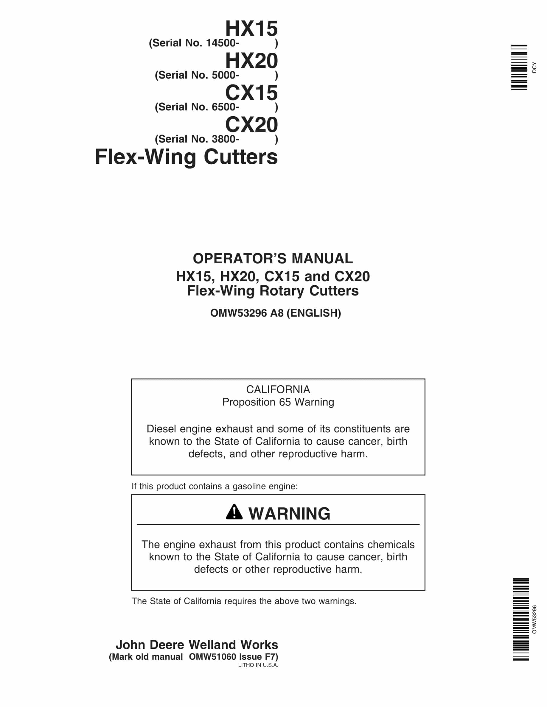 John Deere HX15, HX20, CX15 and CX20 Flex-Wing Rotary Cutter Operator Manual OMW53296-1