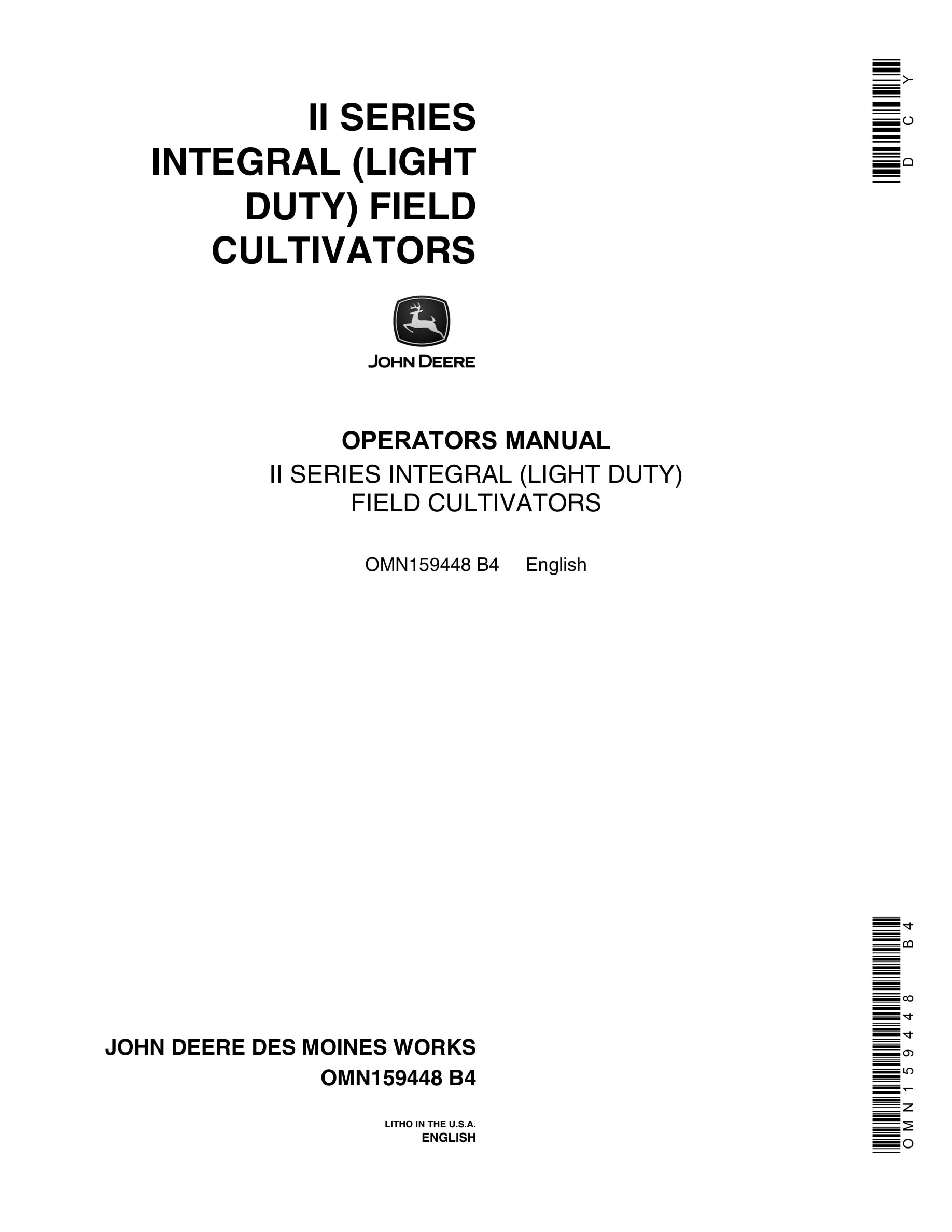John Deere II SERIES INTEGRAL (LIGHT DUTY) FIELD CULTIVATOR Operator Manual OMN159448-1