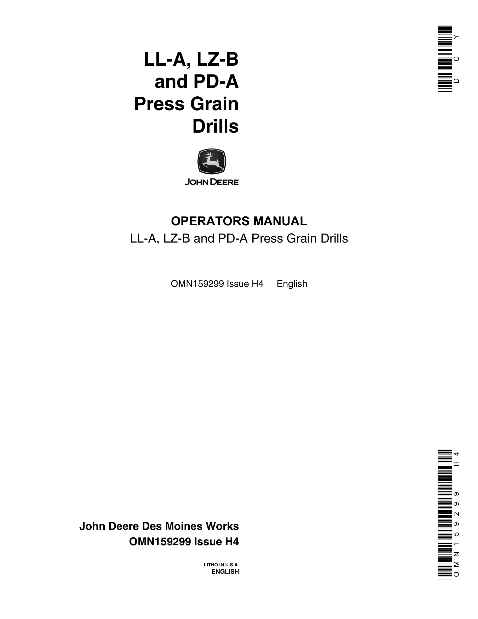 John Deere LL-A, LZ-B and PD-A Press Grain Drill Operator Manual OMN159299-1