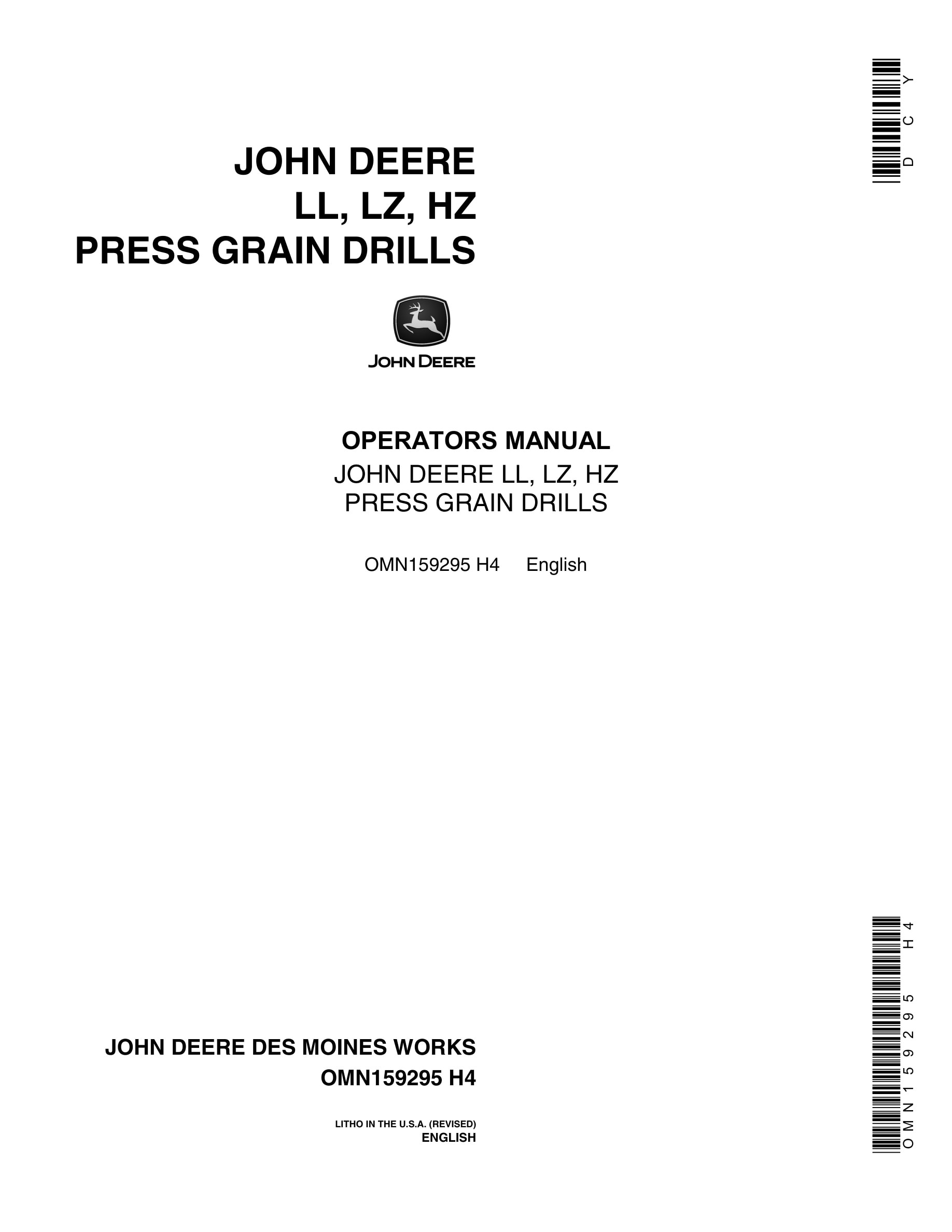 John Deere LL, LZ, HZ PRESS GRAIN DRILL Operator Manual OMN159295-1