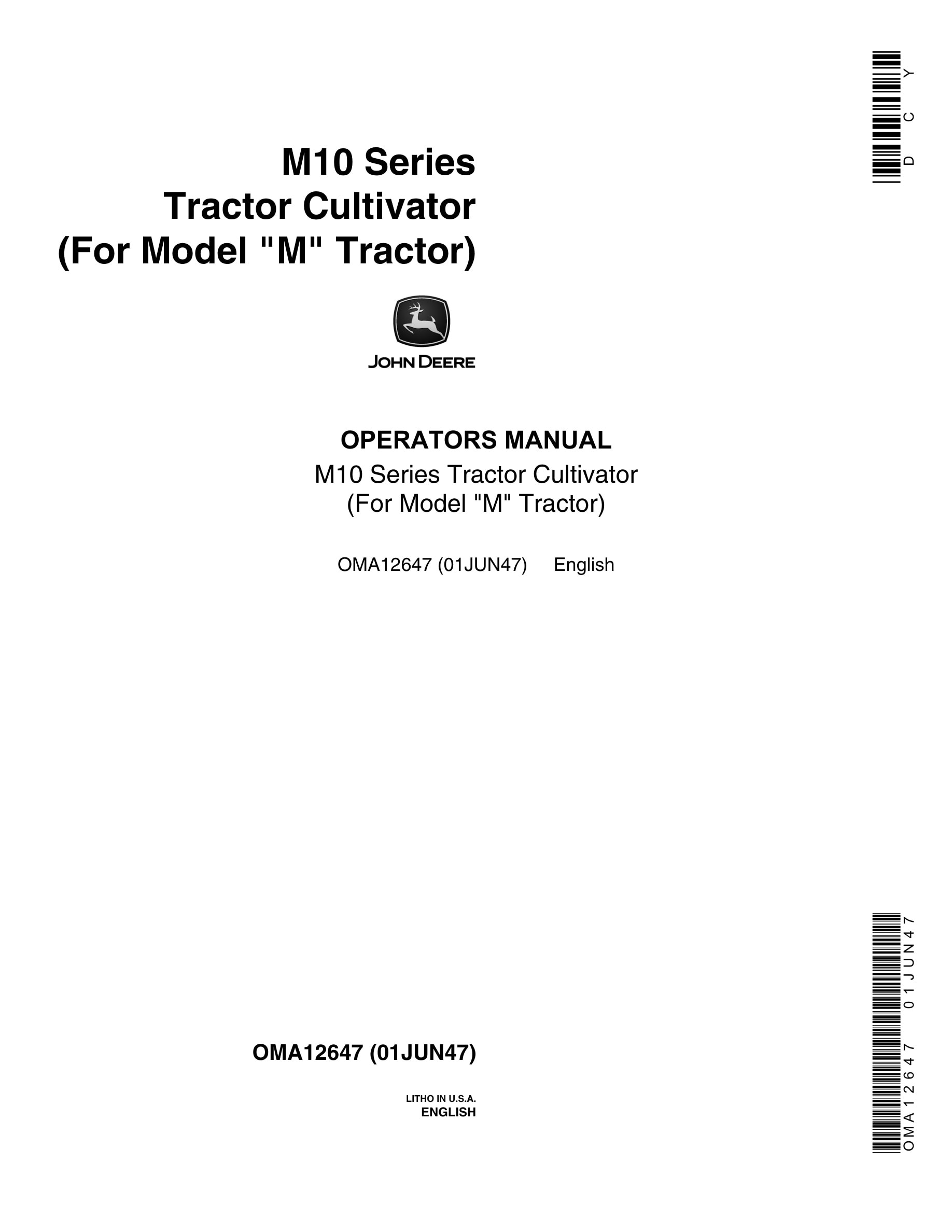 John Deere M10 Series Tractor CULTIVATOR Operator Manual OMA12647-1
