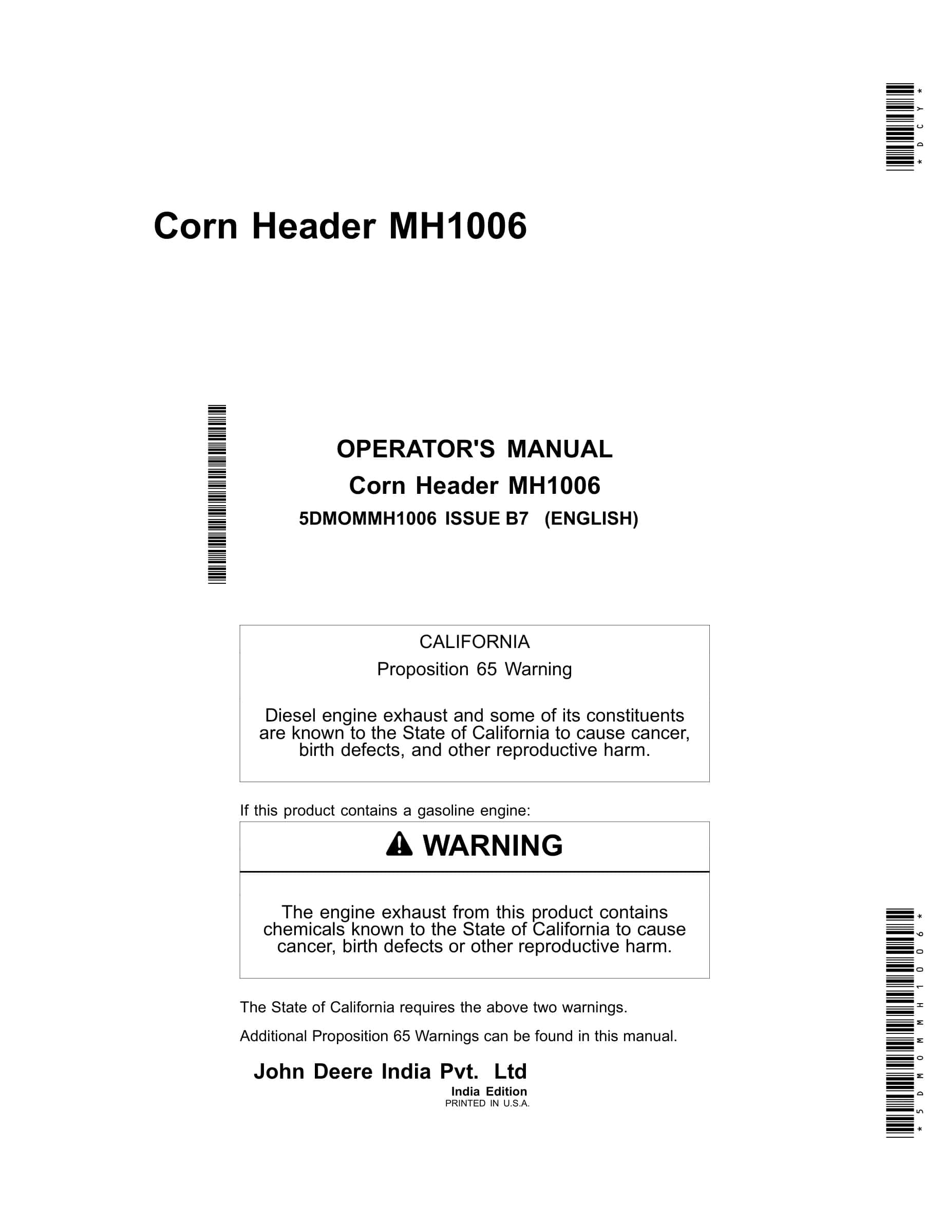 John Deere MH1006 Corn Header Operator Manual 5DMOMMH1006-1