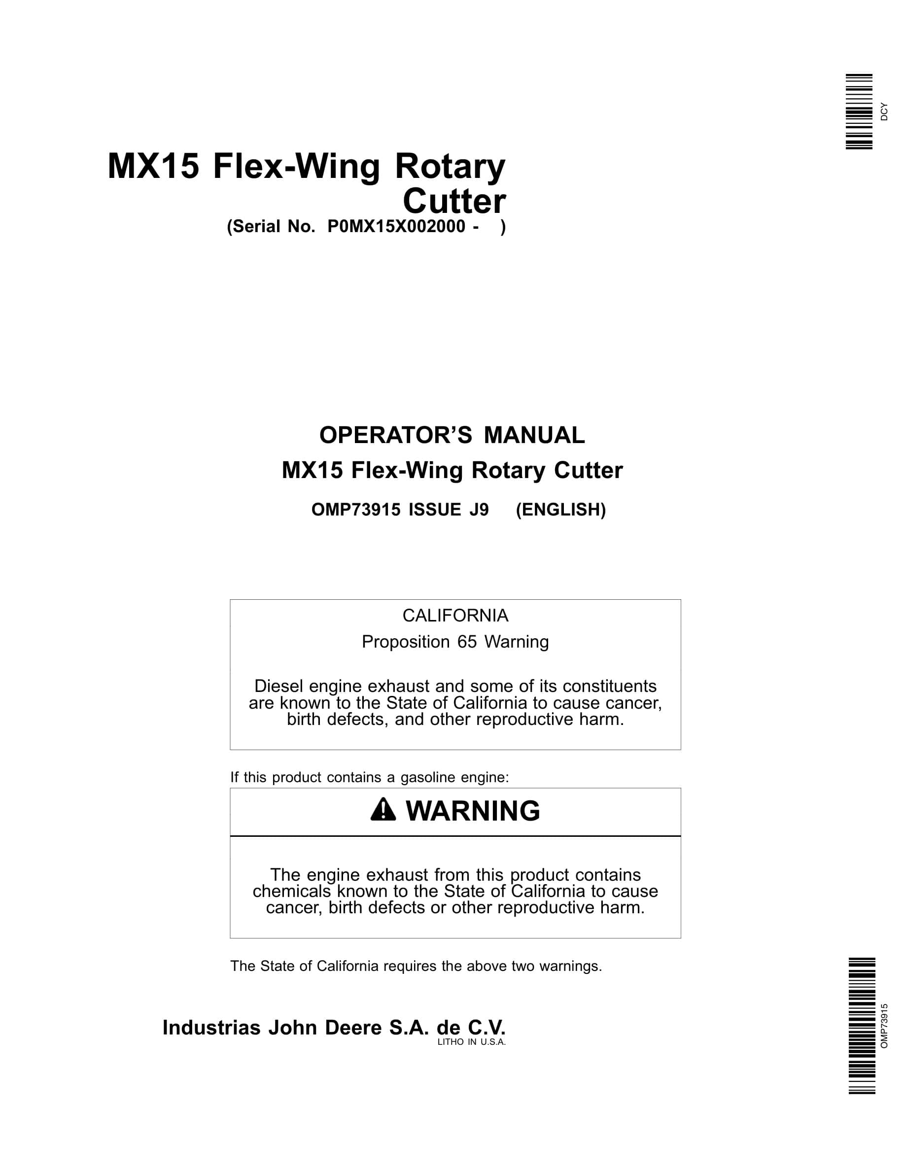 John Deere MX15 Flex-Wing Rotary Cutter Operator Manual OMP73915-1