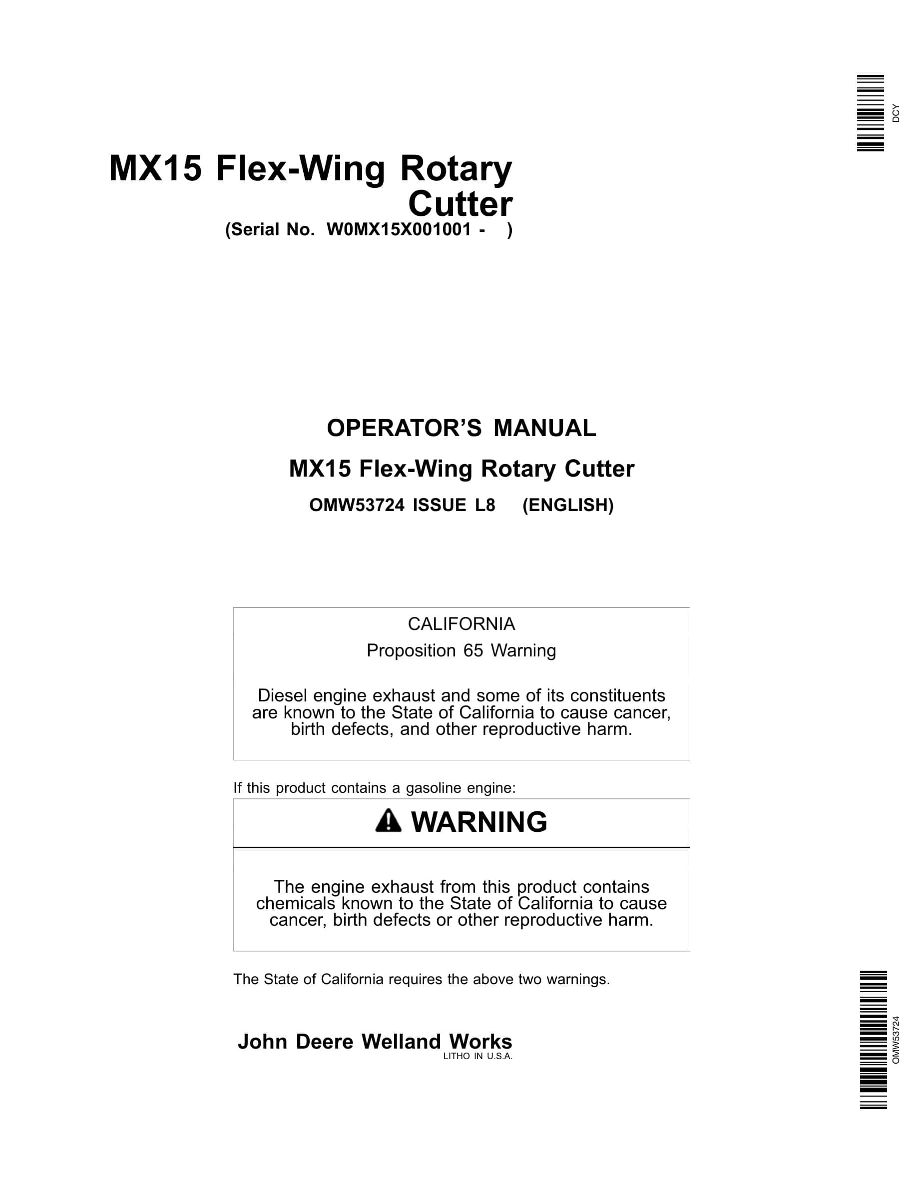 John Deere MX15 Flex-Wing Rotary Cutter Operator Manual OMW53724-1