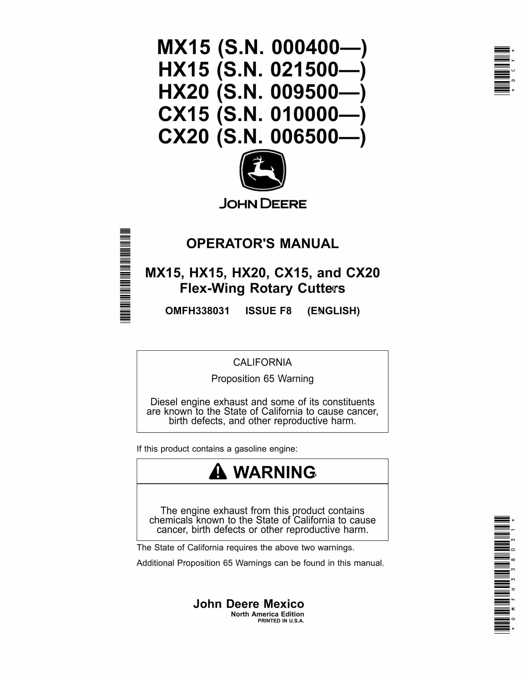 John Deere MX15, HX15, HX20, CX15, and CX20 Flex-Wing Rotary Cutter Operator Manual OMFH338031-1