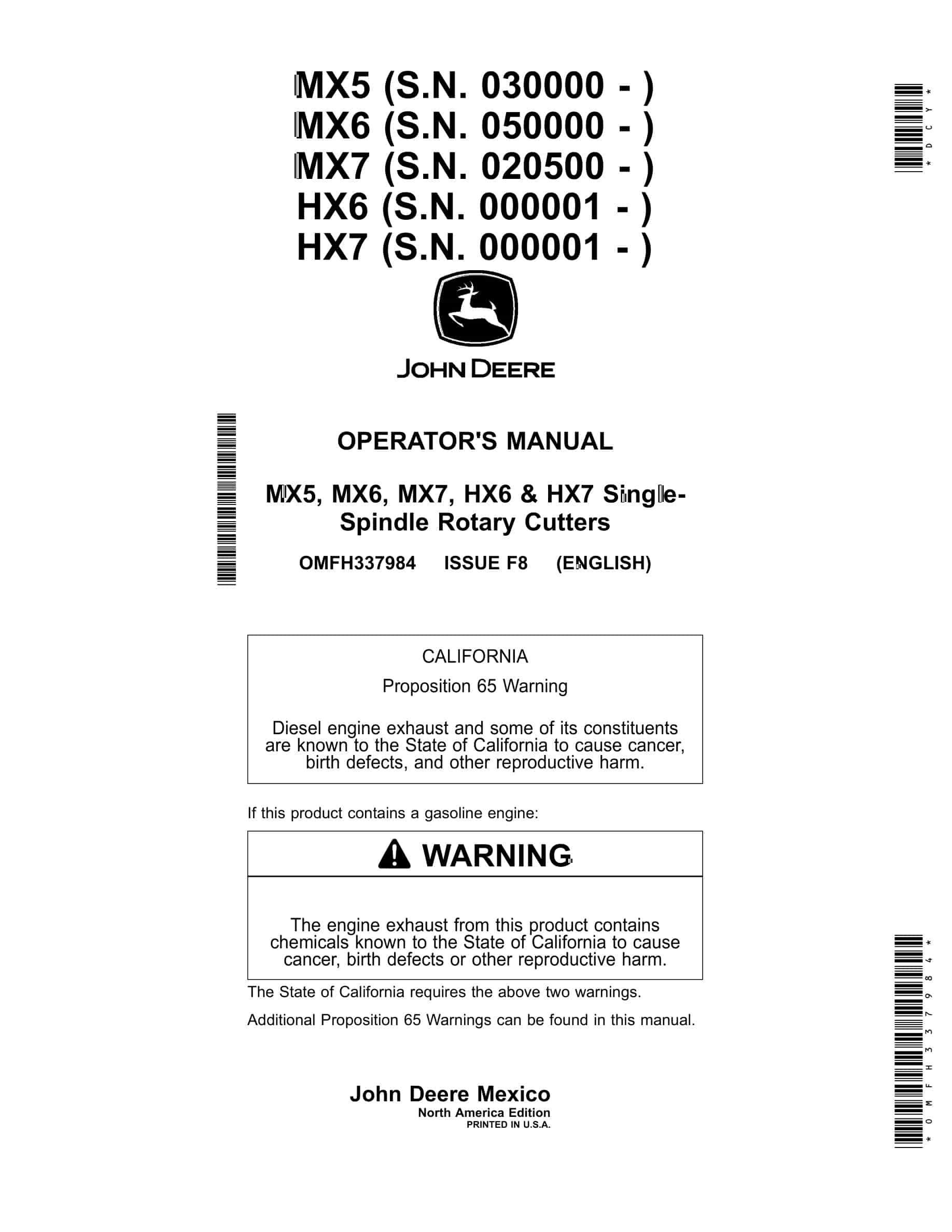 John Deere MX5, MX6, MX7, HX6 & HX7 Single Spindle Rotary Cutter Operator Manual OMFH337984-1