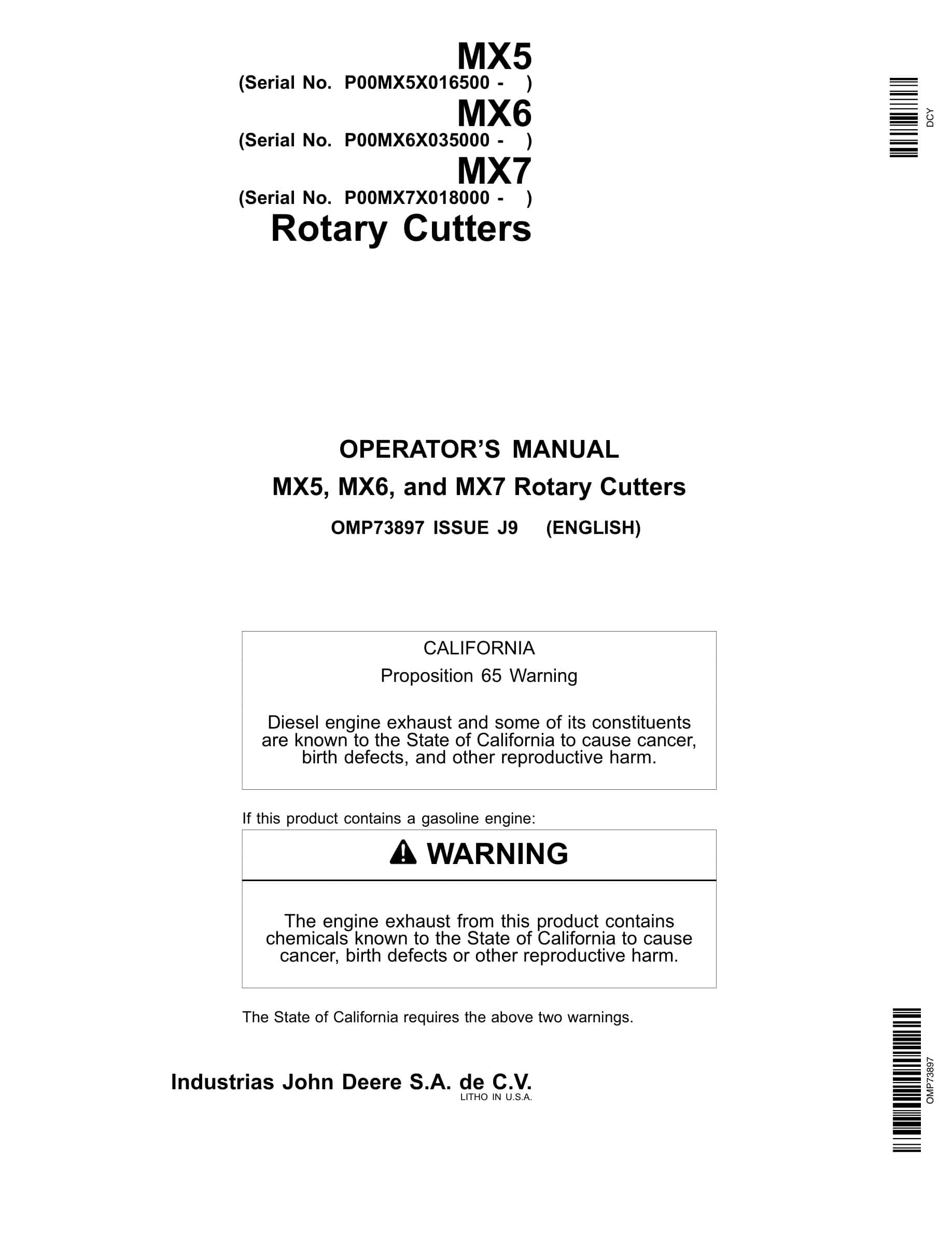 John Deere MX5, MX6, MX7 Rotary Cutter Operator Manual OMP73897-1