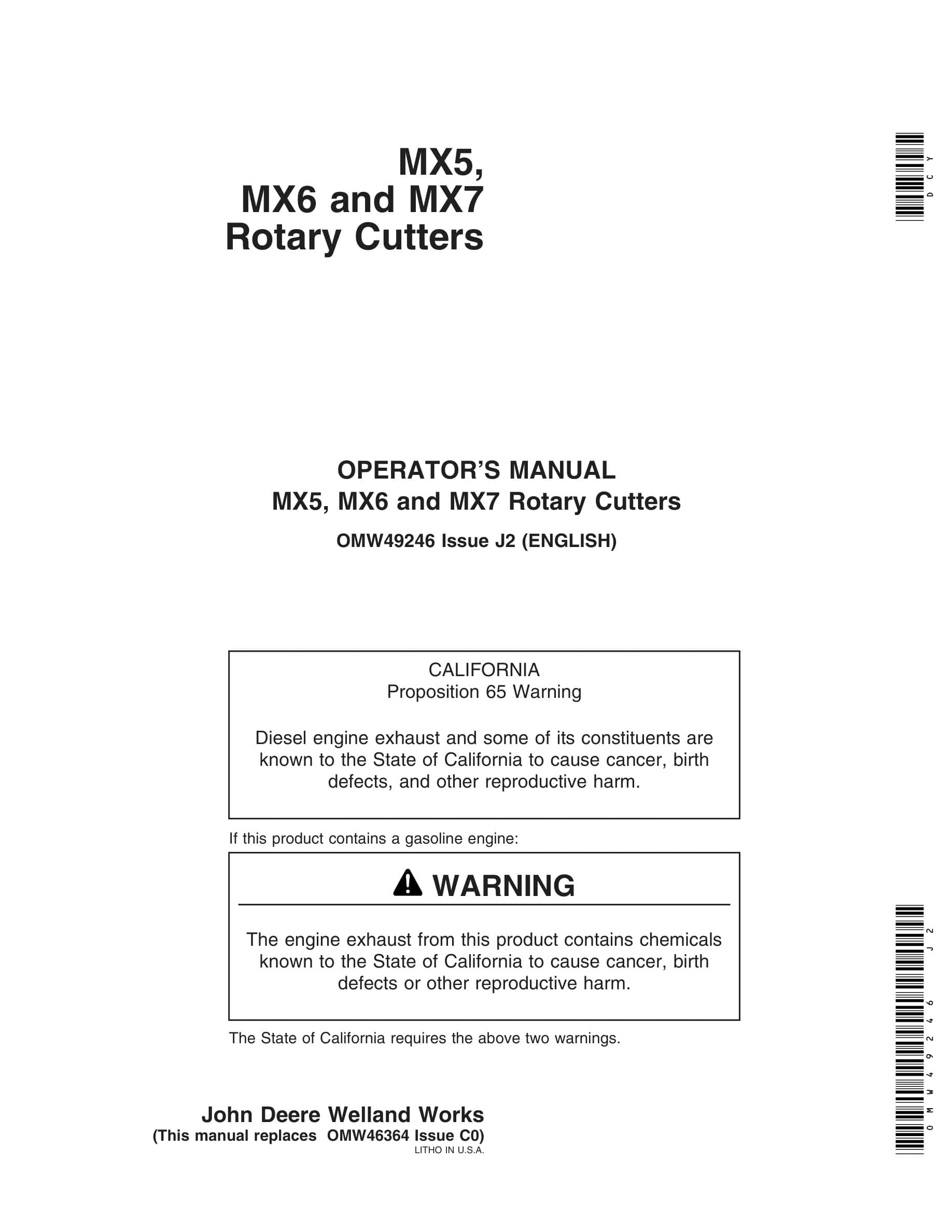 John Deere MX5, MX6 and MX7 Rotary Cutter Operator Manual OMW49246-1