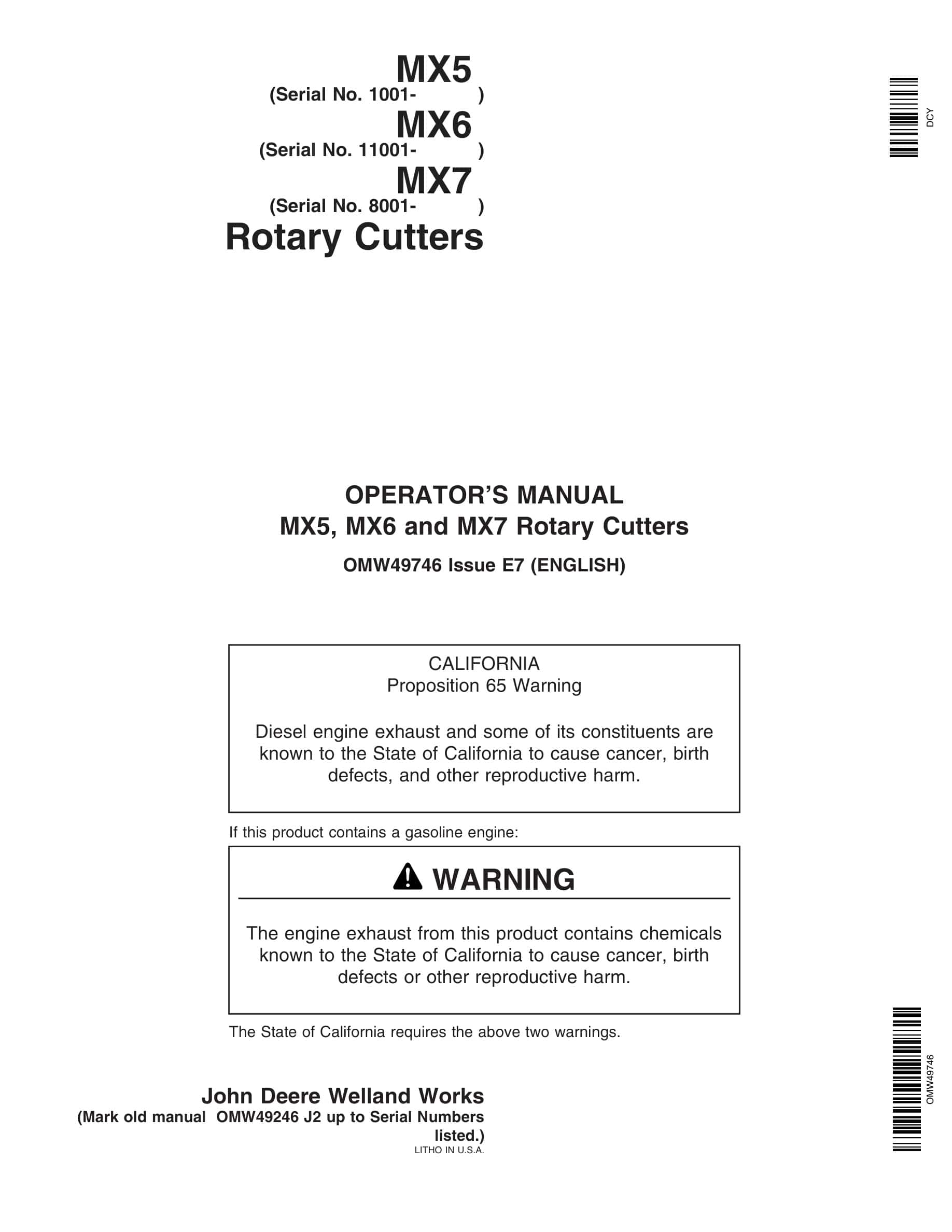 John Deere MX5, MX6 and MX7 Rotary Cutter Operator Manual OMW49746-1