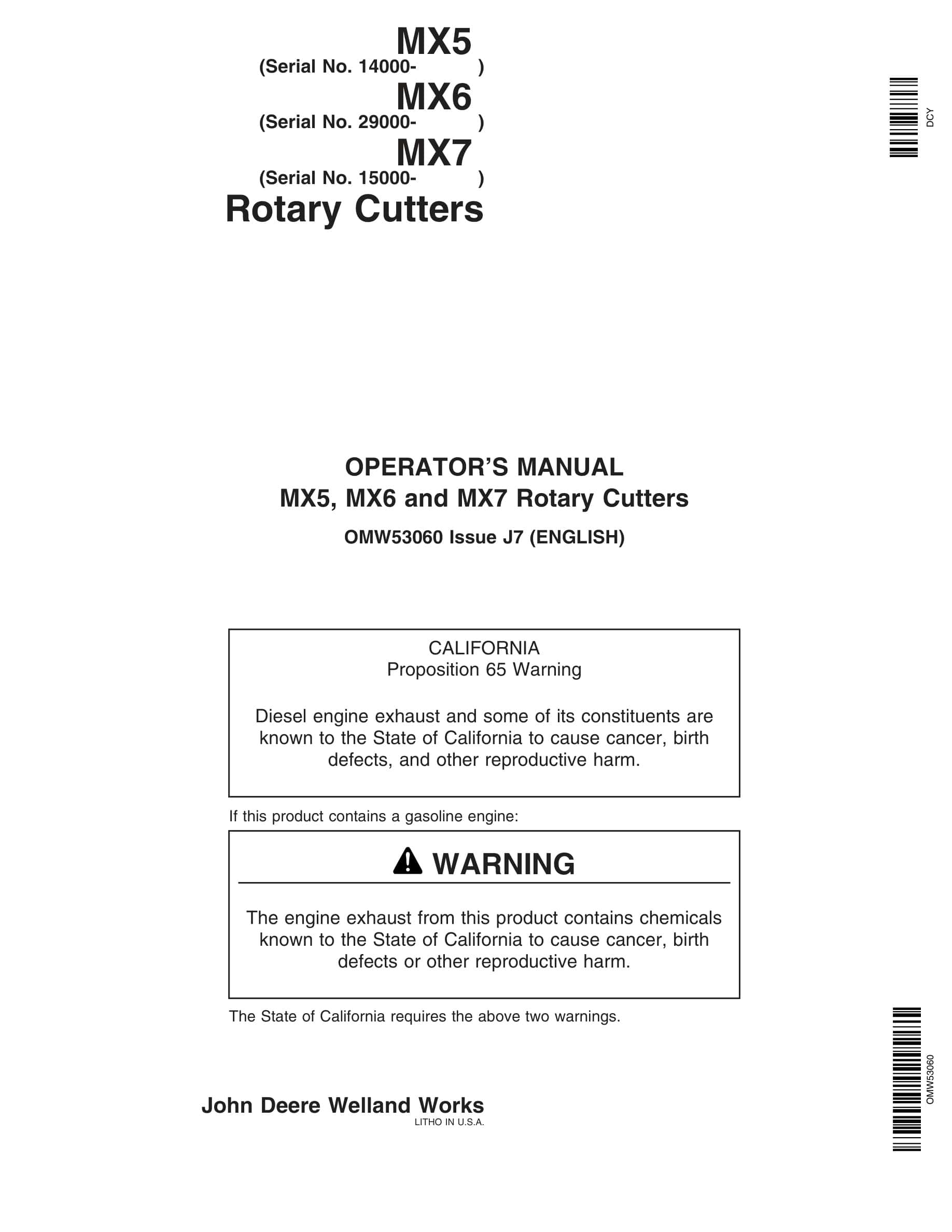 John Deere MX5, MX6 and MX7 Rotary Cutter Operator Manual OMW53060-1