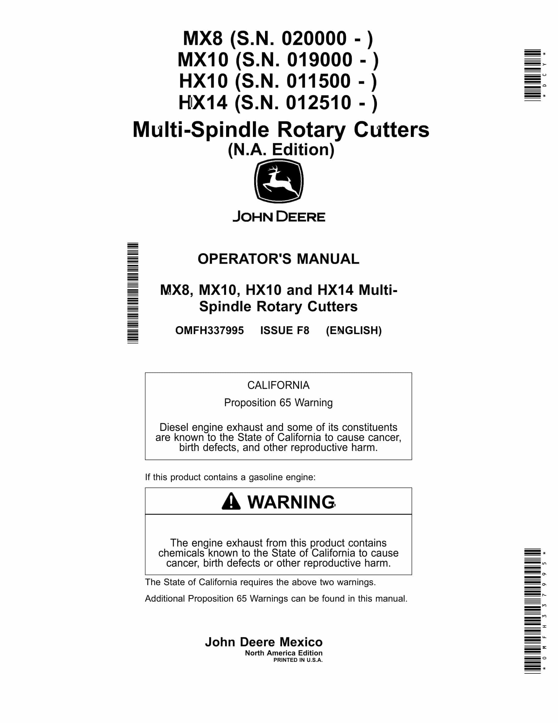 John Deere MX8, MX10, HX10 and HX14 MultiSpindle Rotary Cutter Operator Manual OMFH337995-1