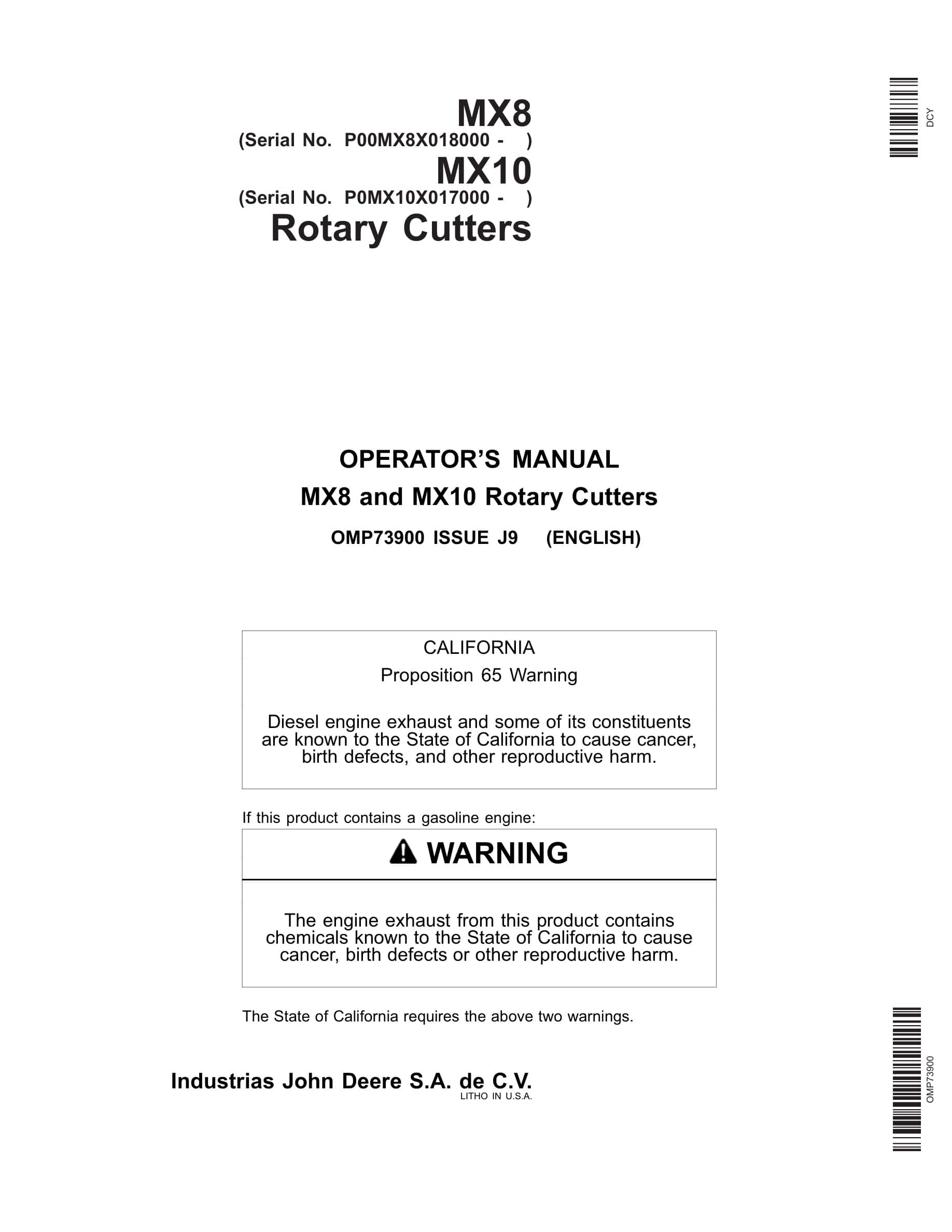 John Deere MX8 and MX10 Rotary Cutter Operator Manual OMP73900-1