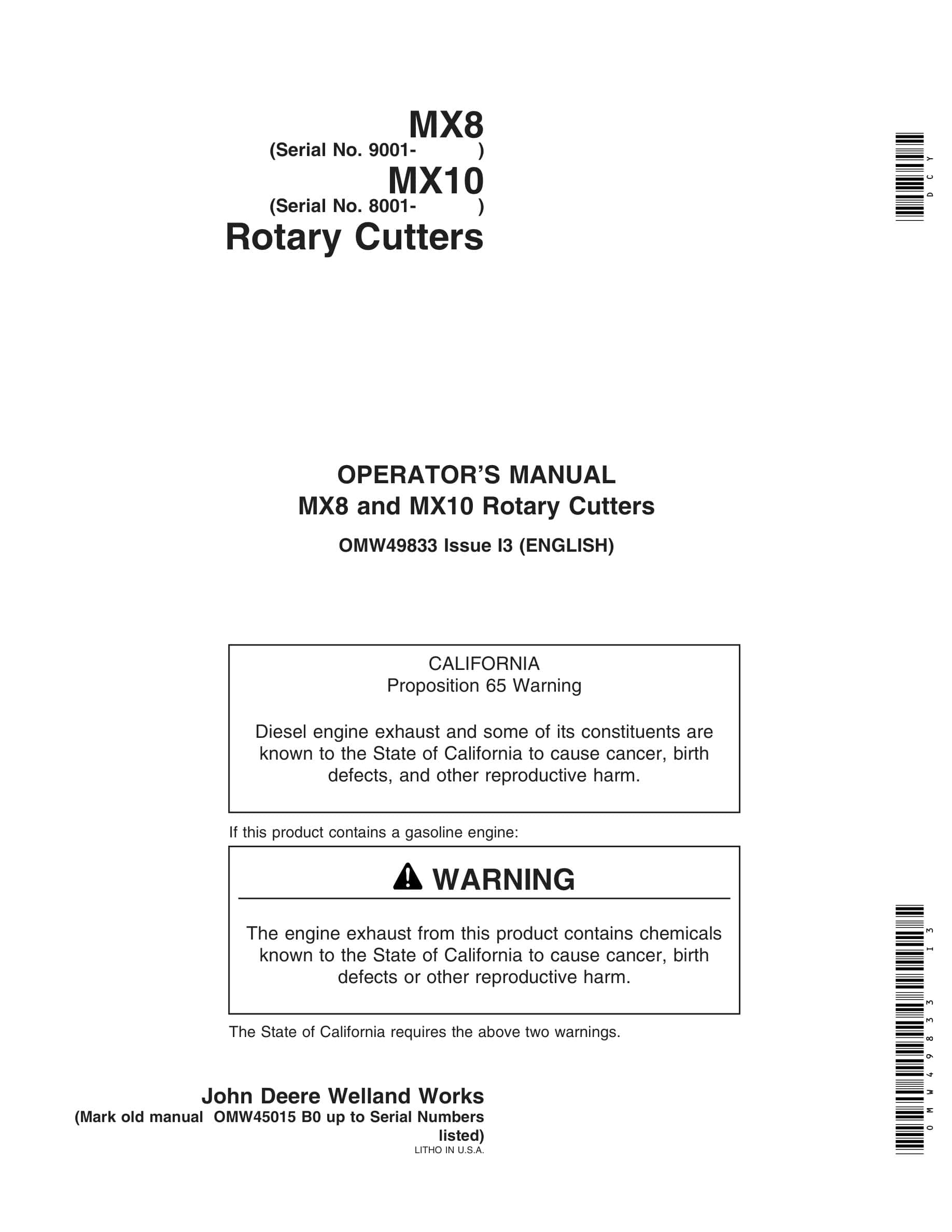 John Deere MX8 and MX10 Rotary Cutter Operator Manual OMW49833-1