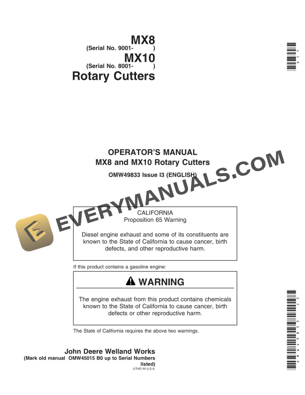 John Deere MX8 and MX10 Rotary Cutter Operator Manual OMW49833-1