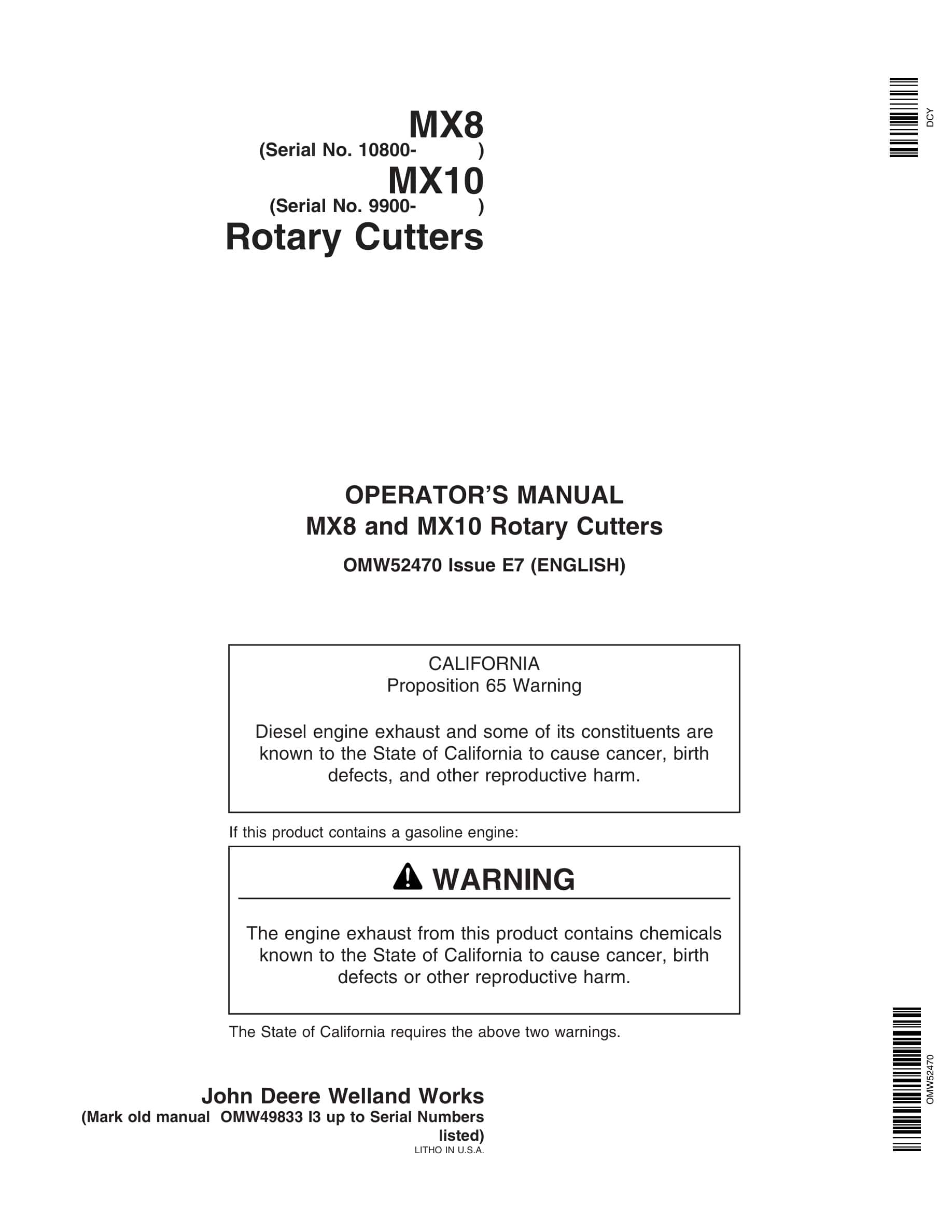 John Deere MX8 and MX10 Rotary Cutter Operator Manual OMW52470-1