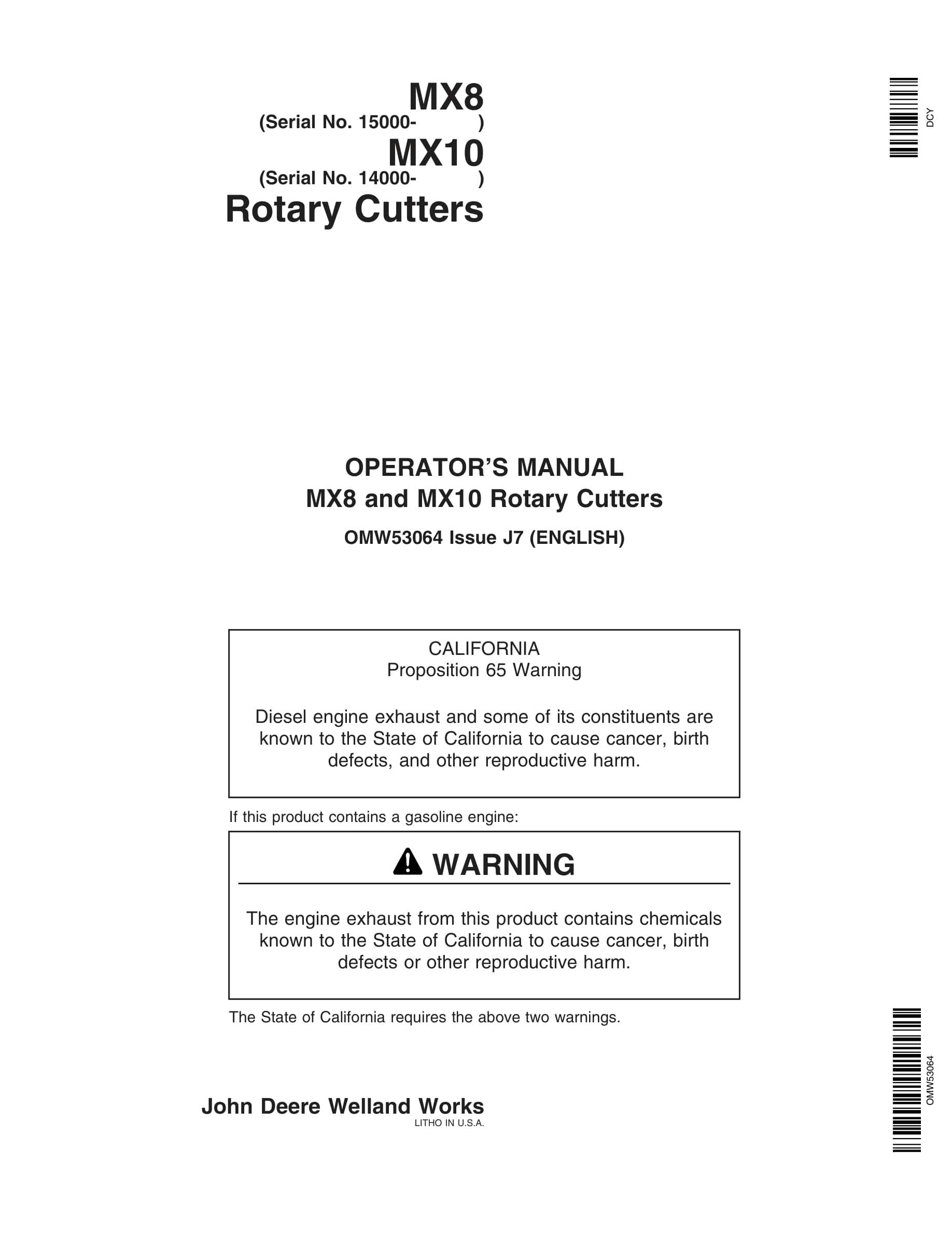 John Deere MX8 and MX10 Rotary Cutter Operator Manual OMW53064-1