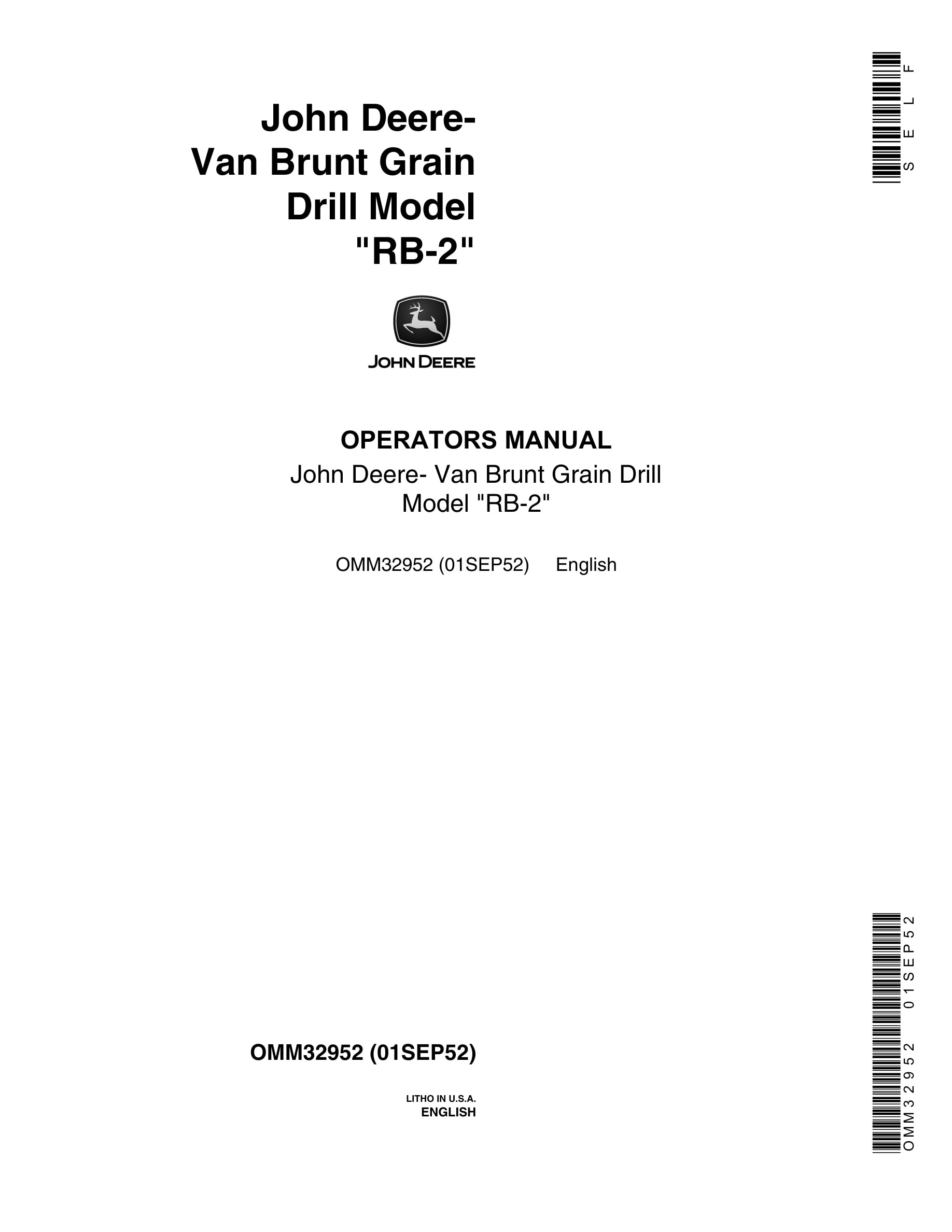 John Deere Model RB-2 Van Brunt Grain Drill Operator Manual OMM32952-1