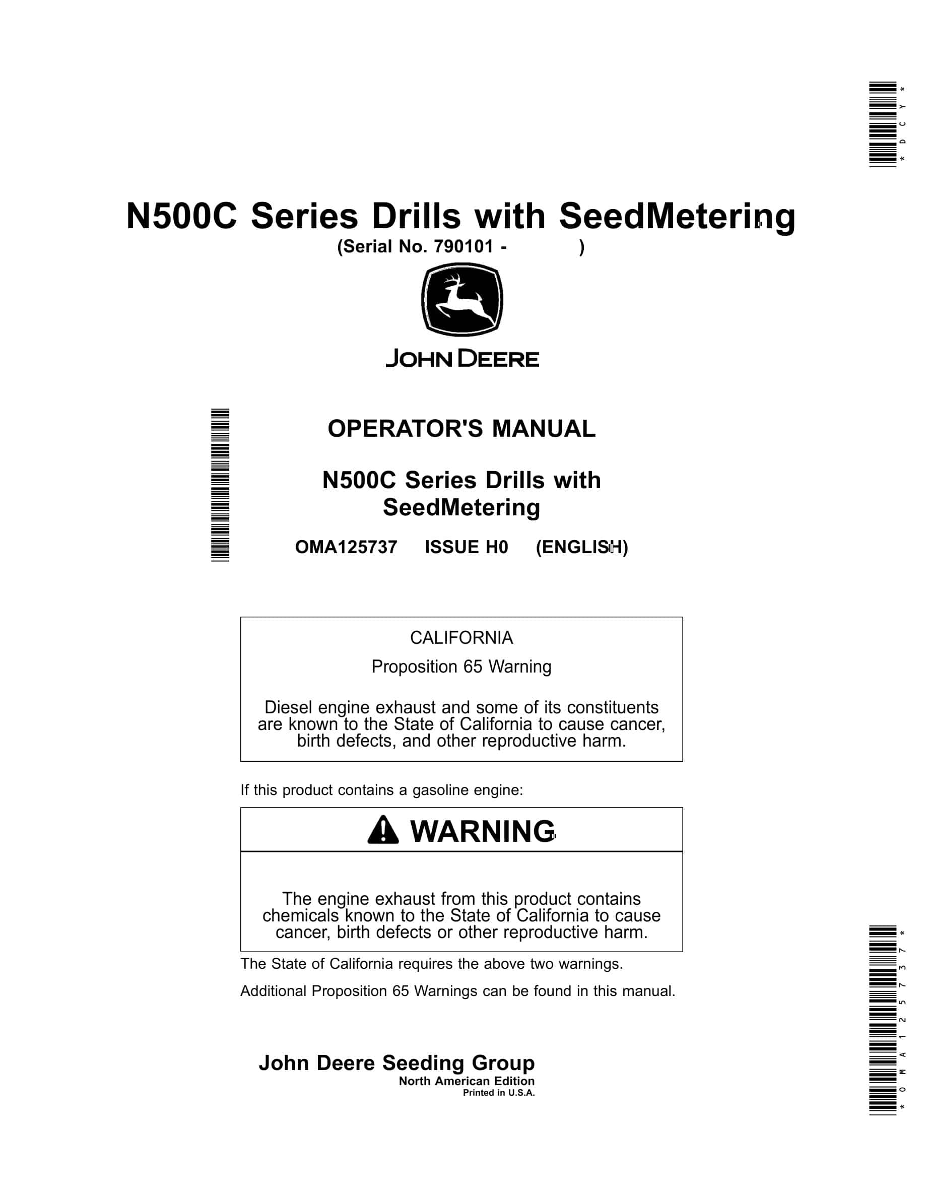 John Deere N500C Series Drill with SeedMetering Operator Manual OMA125737-1