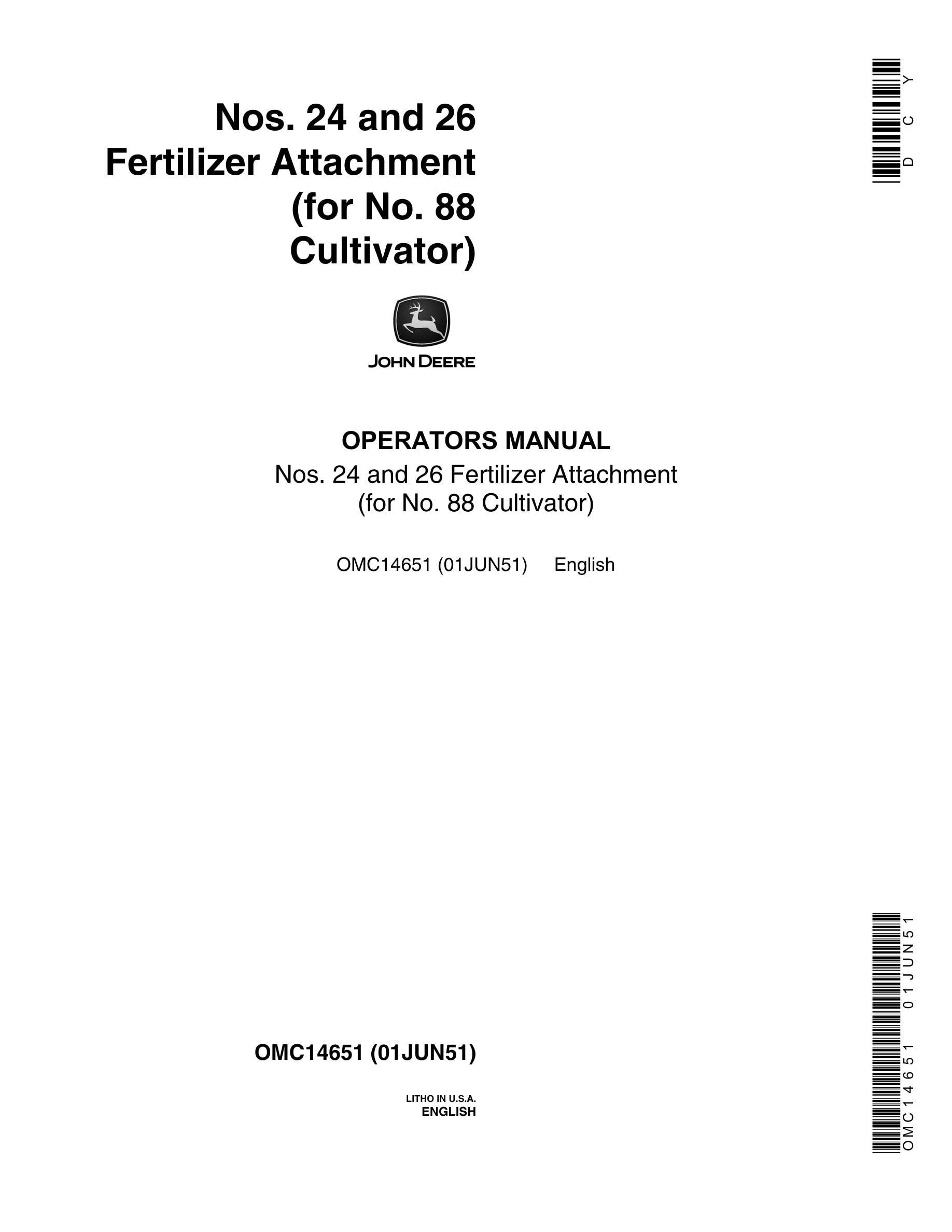 John Deere Nos.24 and 26 Fertilizer Attachment (for No. 88 Cultivator) Operator Manual OMD14651-1