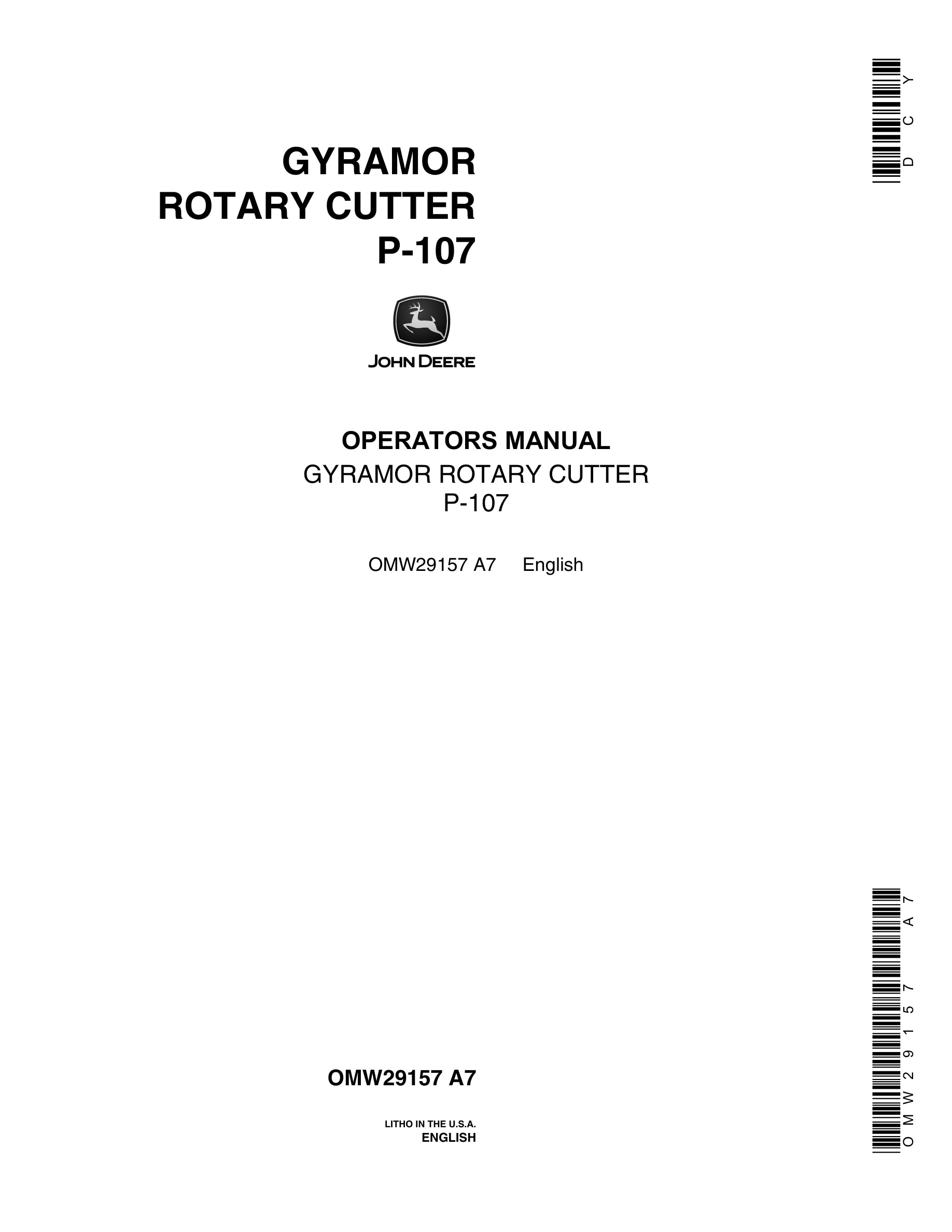 John Deere P-107 Gyramor Rotary Cutter Operator Manual OMW29157-1