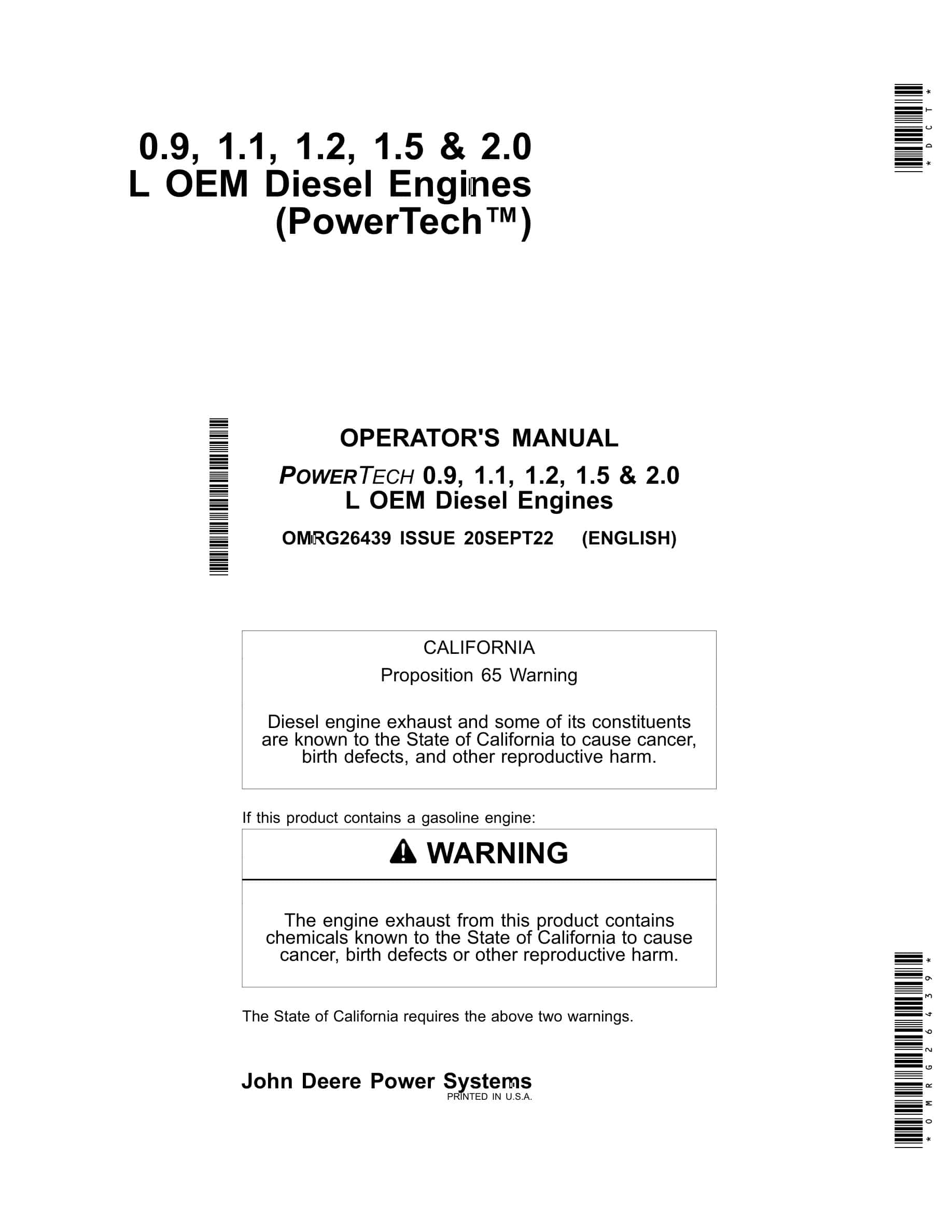 John Deere PowerTech 0.9, 1.1, 1.2, 1.5 & 2.0 L OEM Diesel Engines Operator Manual OMRG26439-1