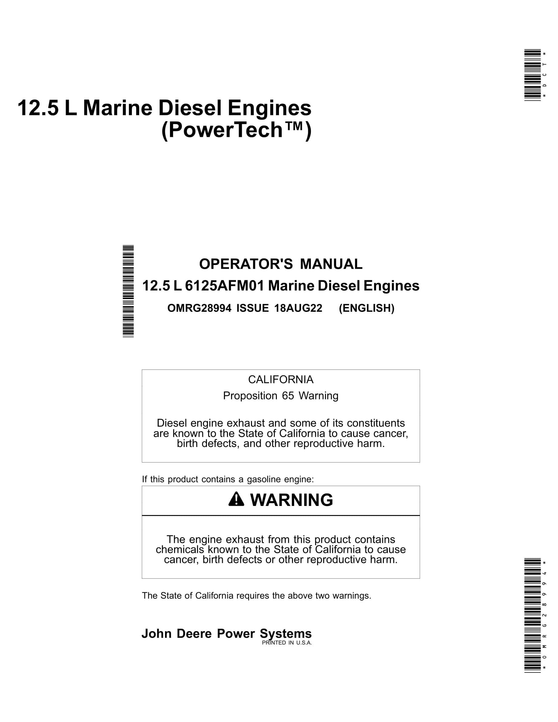 John Deere PowerTech 12.5 L Marine Diesel Engines Operator Manual OMRG28994-1
