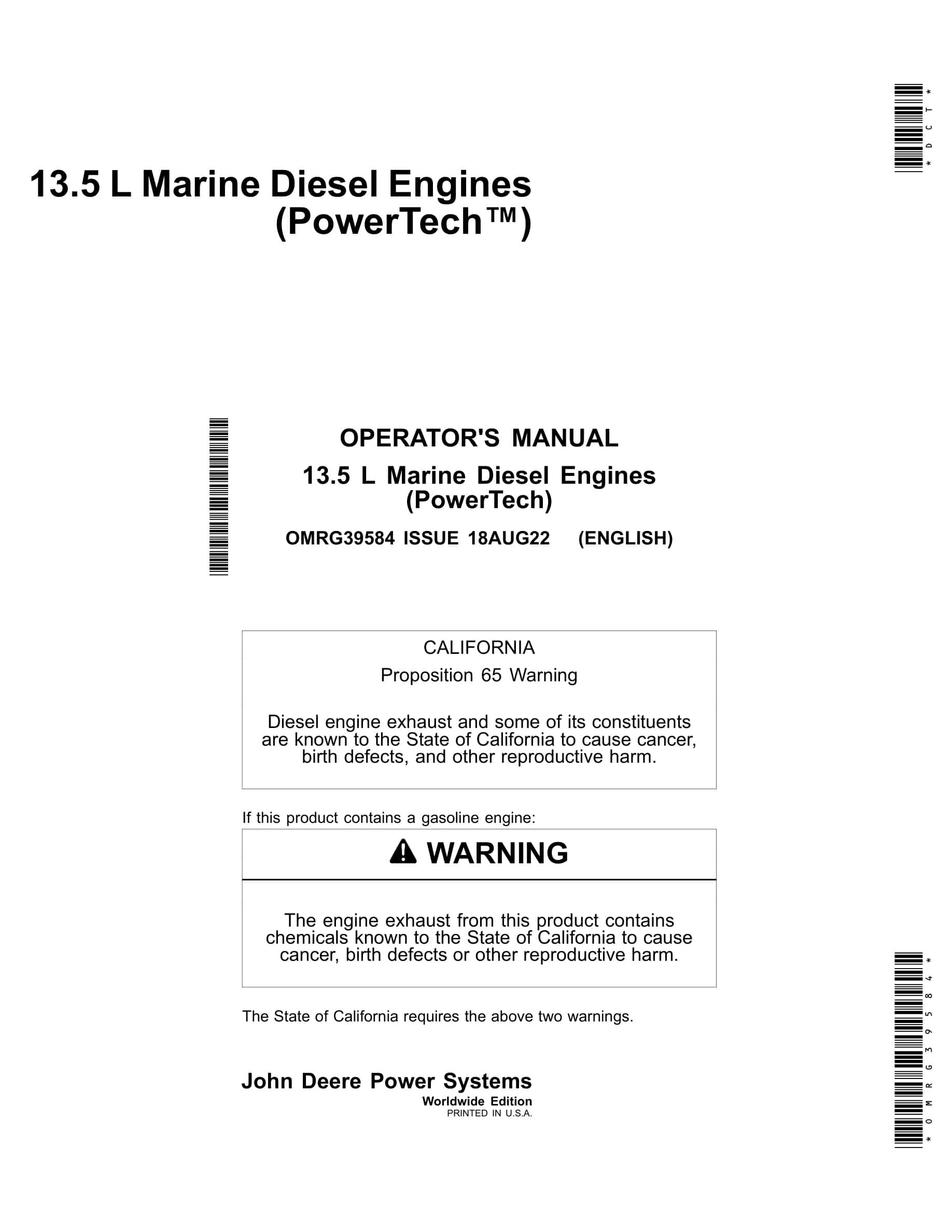 John Deere PowerTech 13.5 L Marine Diesel Engines Operator Manual OMRG39584-1