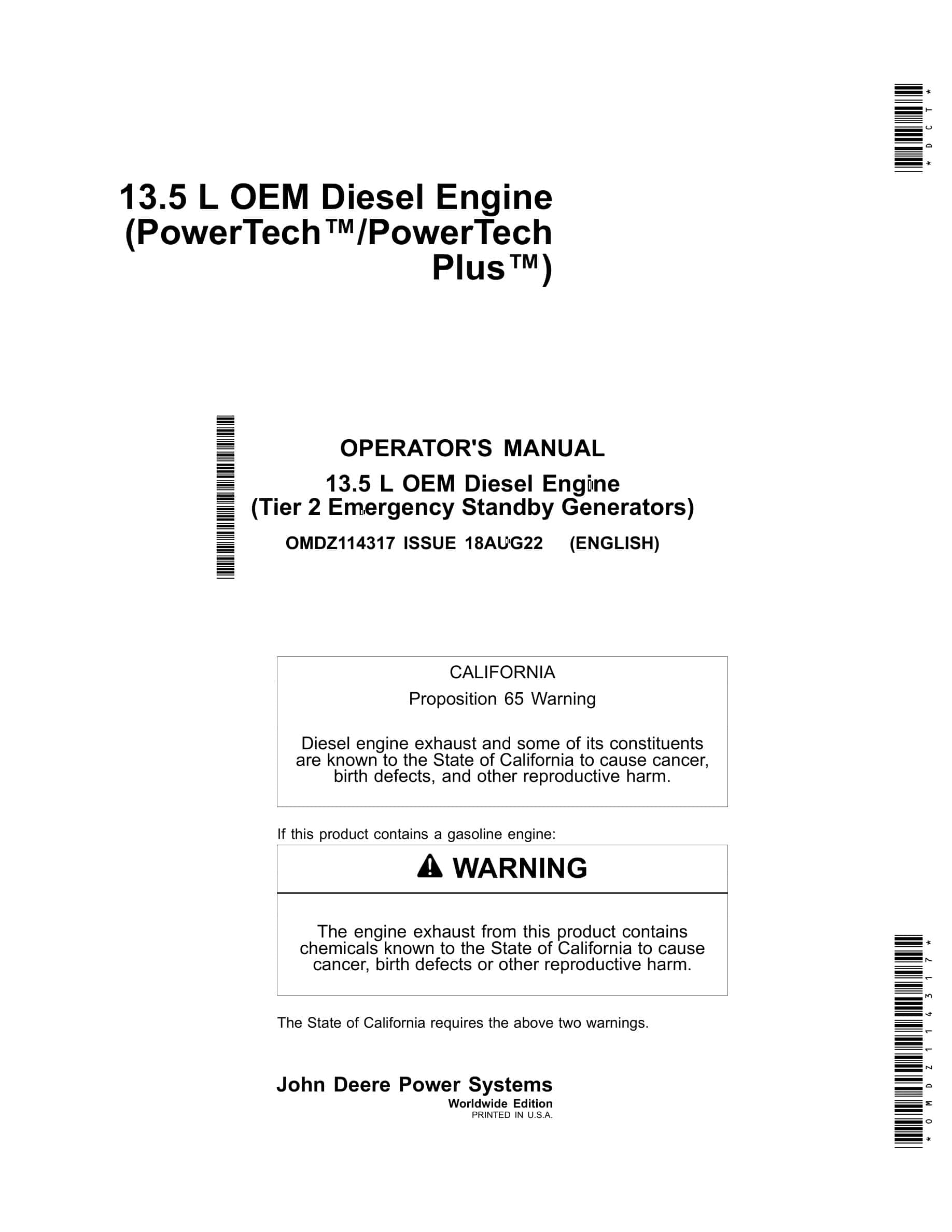 John Deere PowerTech 13.5 L OEM Diesel Engine Operator Manual OMDZ114317-1