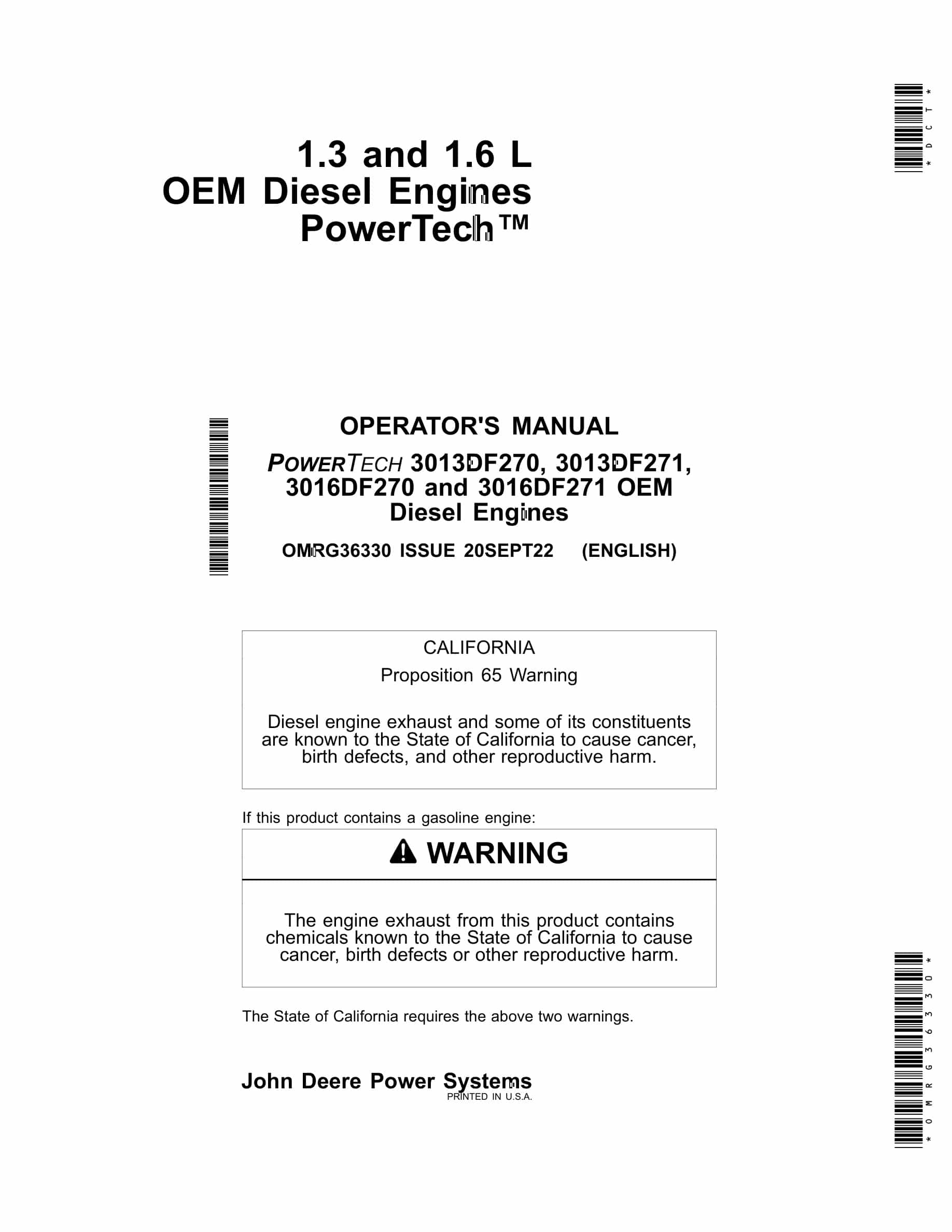 John Deere PowerTech 3013DF270, 3013DF271, 3016DF270 and 3016DF271 OEM Diesel Engines Operator Manual OMRG36330-1