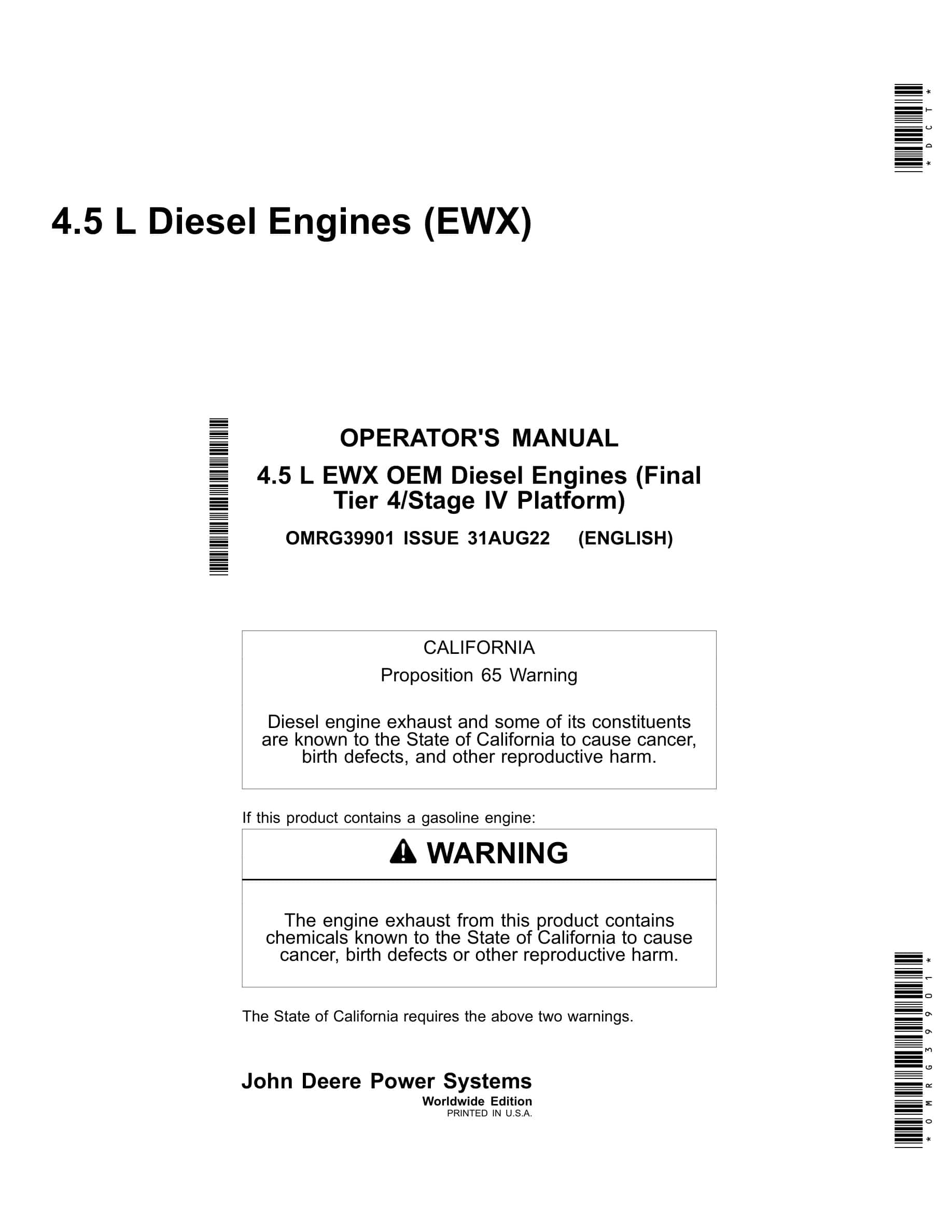 John Deere PowerTech 4.5 L EWX OEM (Final Tier 4 Stage IV Platform) Diesel Engines Operator Manual OMRG39901-1