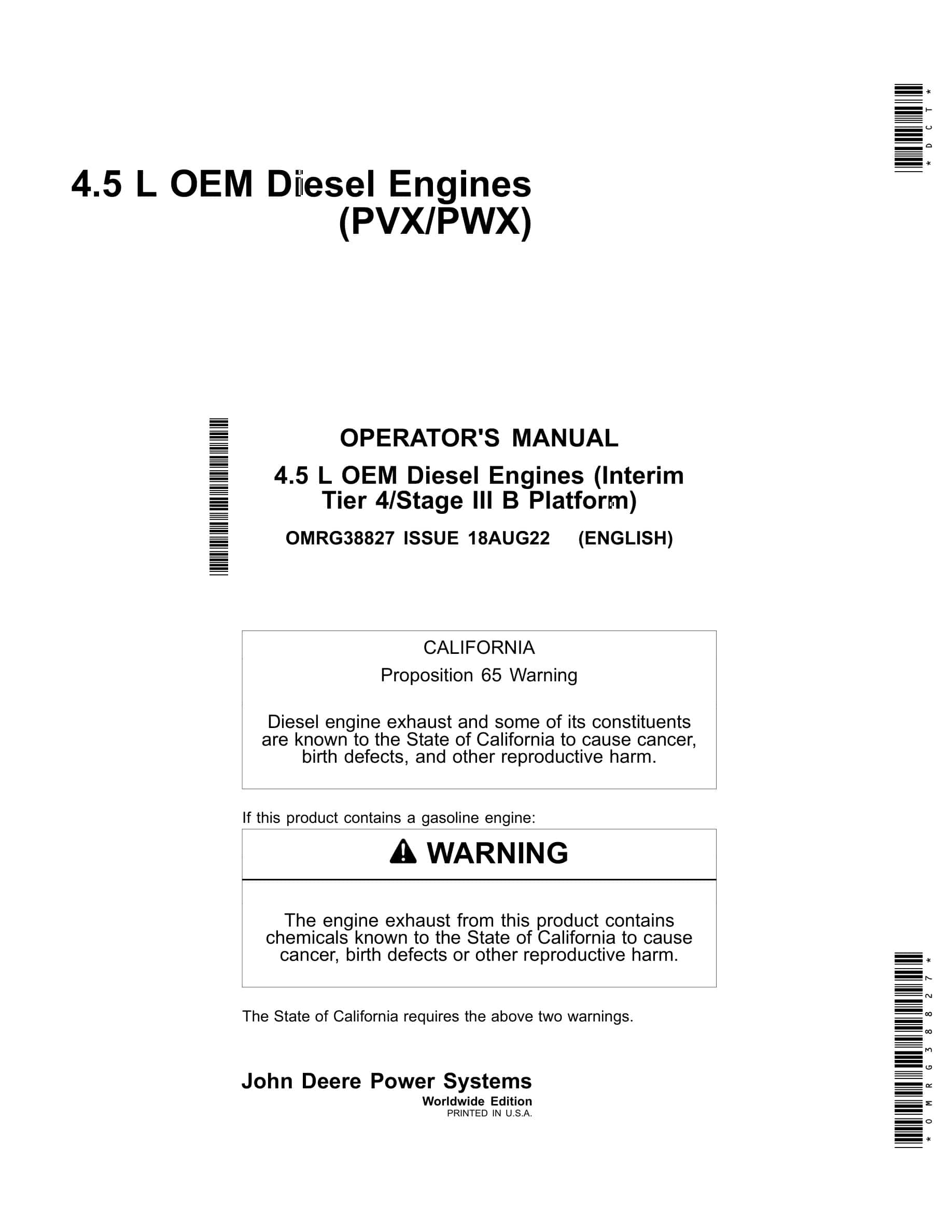 John Deere PowerTech 4.5 L OEM (Interim Tier 4 Stage III B Platform) Diesel Engines Operator Manual OMRG38827-1