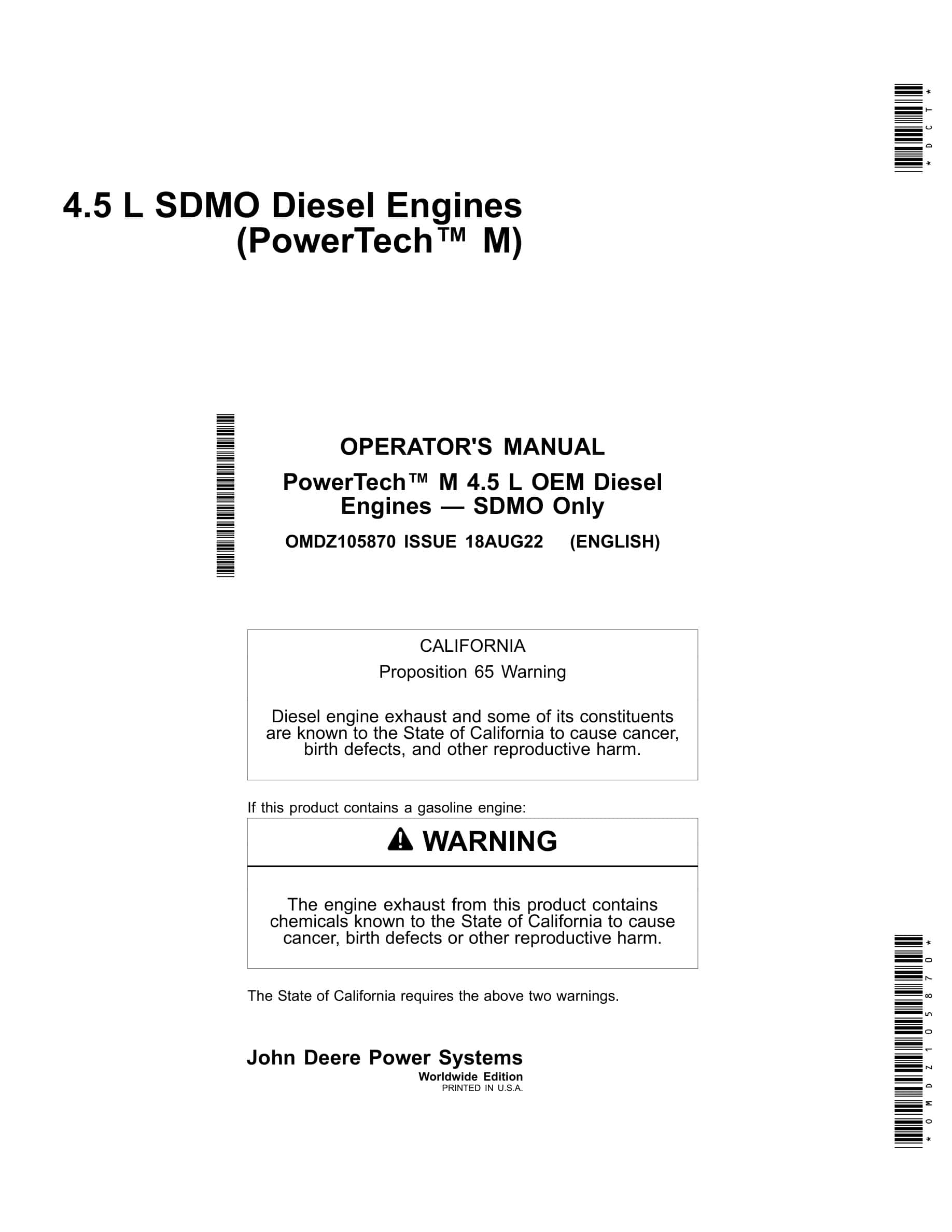 John Deere PowerTech 4.5 L SDMO Diesel Engines Operator Manual OMDZ105870-1