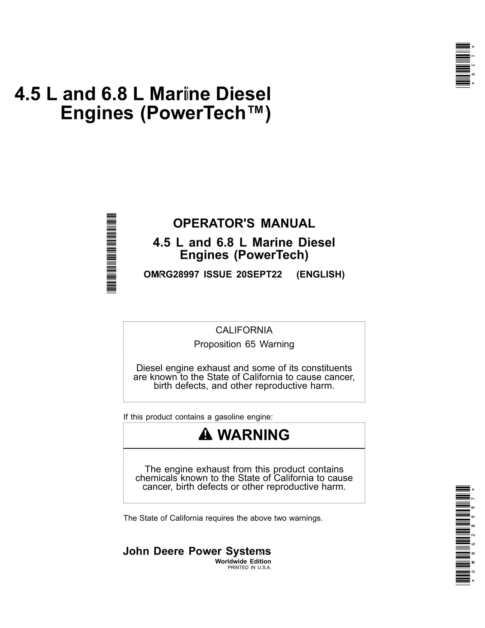 John Deere PowerTech 4.5 L and 6.8 L Marine Diesel Engines Operator Manual OMRG28997-1