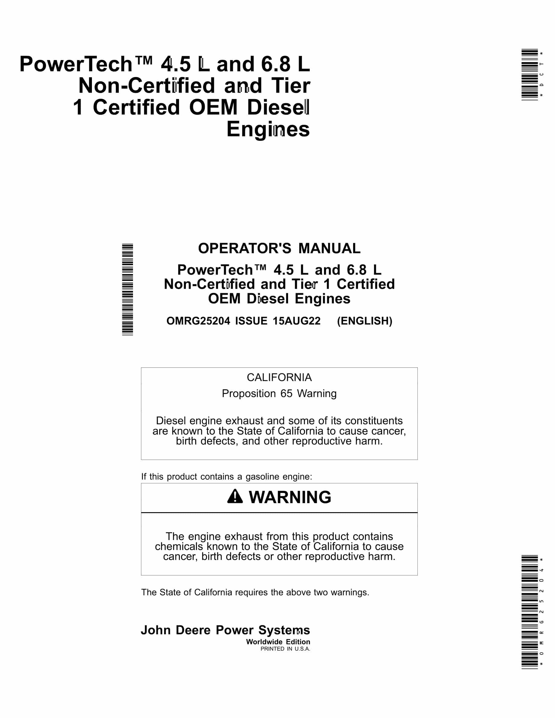 John Deere PowerTech 4.5 L and 6.8 L Non Operator Manual OMRG25204-1