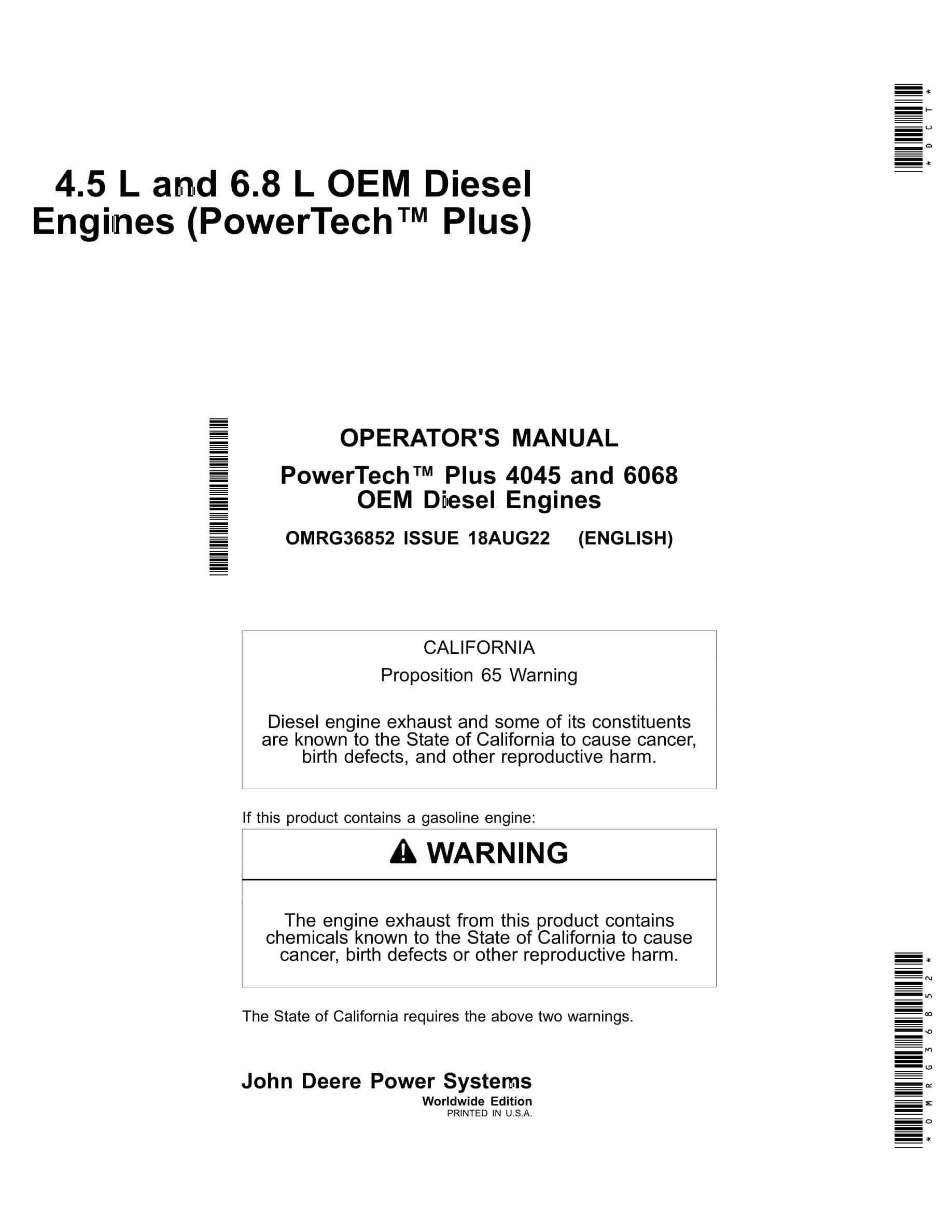 John Deere PowerTech 4.5 L and 6.8 L OEM 4045 and 6068 Diesel Engines Operator Manual OMRG36852-1