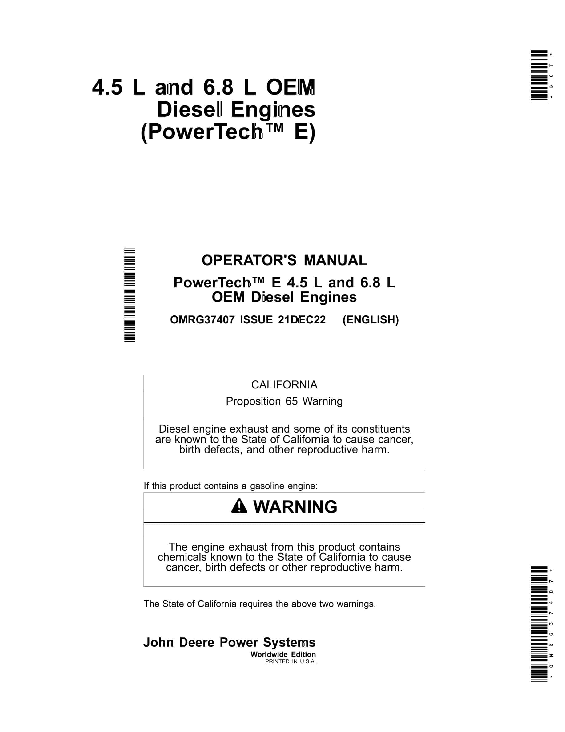 John Deere PowerTech 4.5 L and 6.8 L OEM Diesel Engines Operator Manual OMRG37407-1