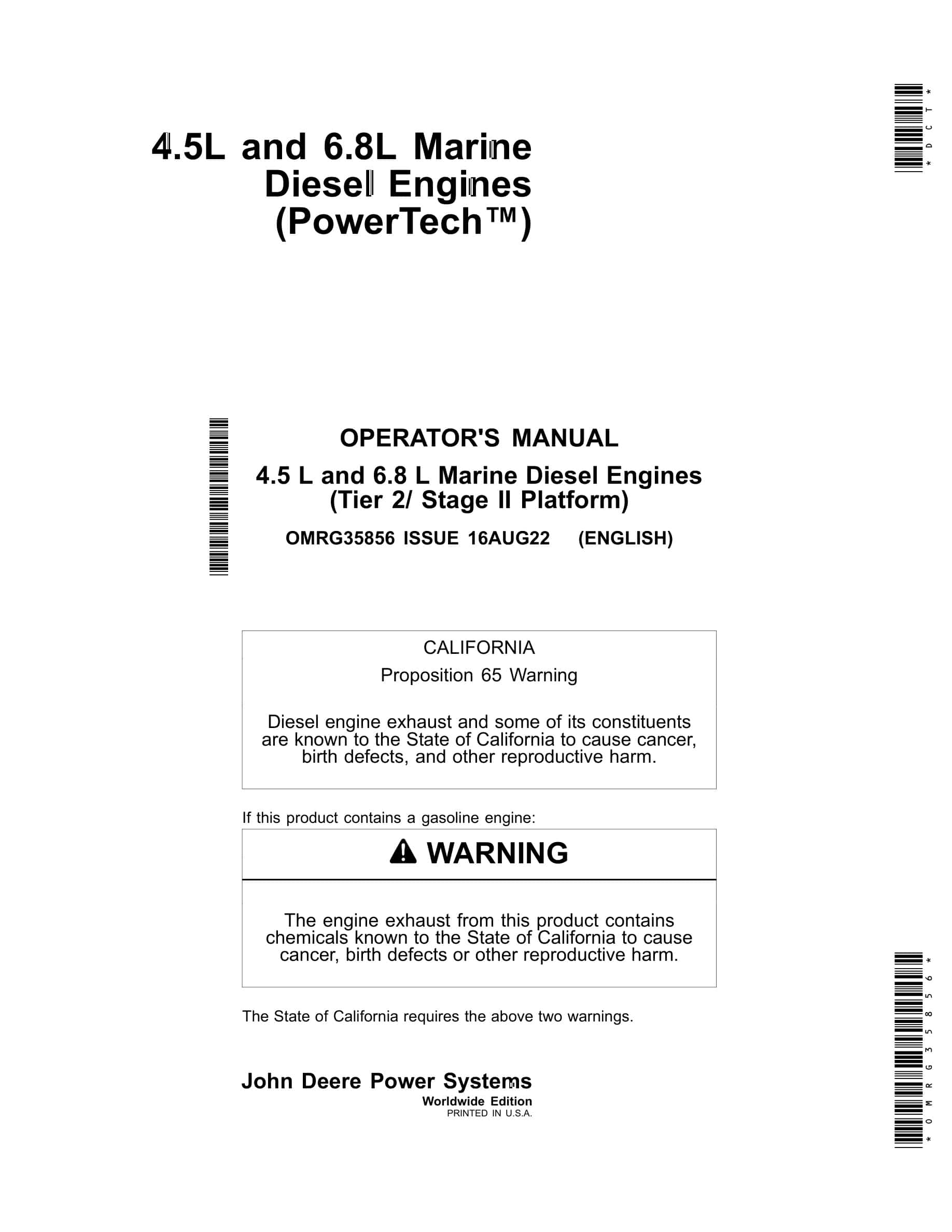 John Deere PowerTech 4.5 L and 6.8 L (Tier 2 Stage II Platform) Marine Diesel Engines Operator Manual OMRG35856-1