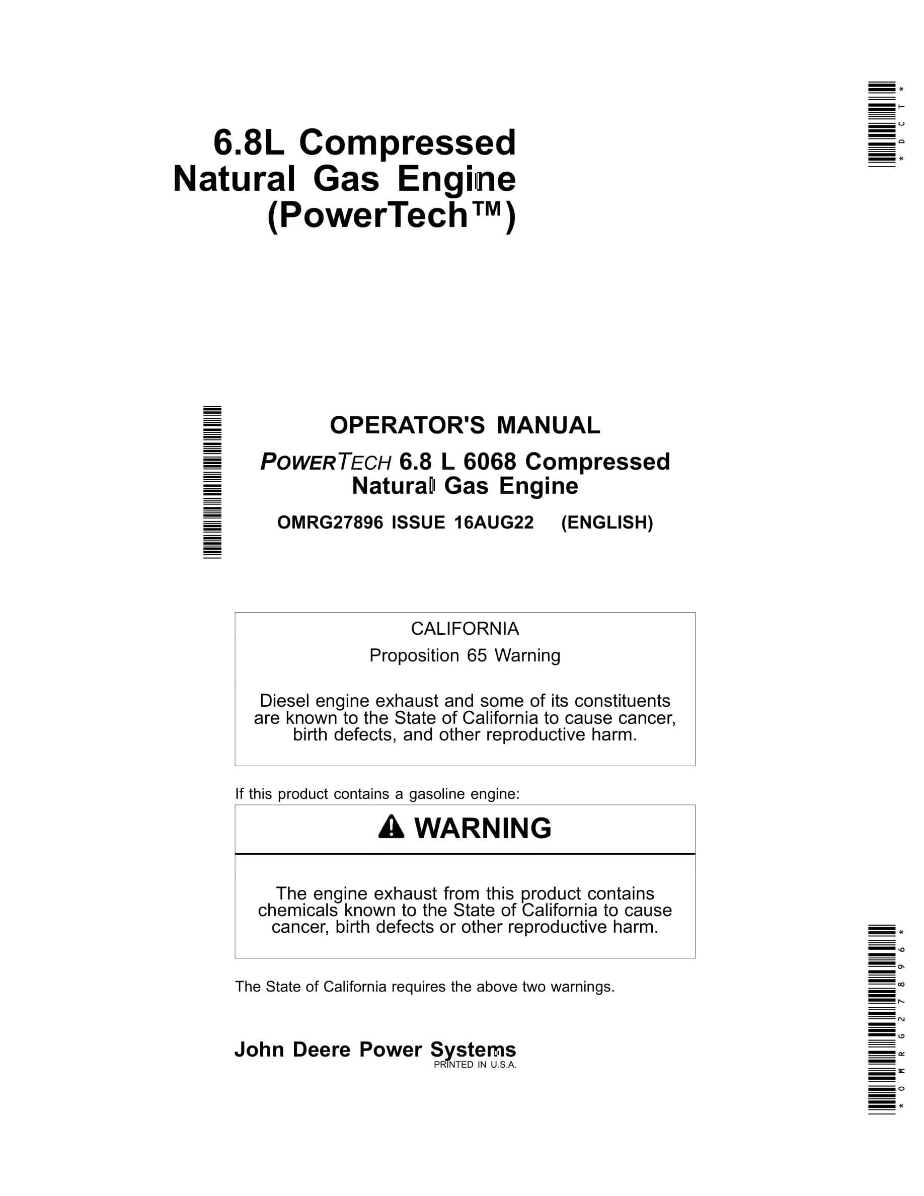 John Deere PowerTech 6.8 L 6068 Compressed Natural Gas Engine Operator Manual OMRG27896-1