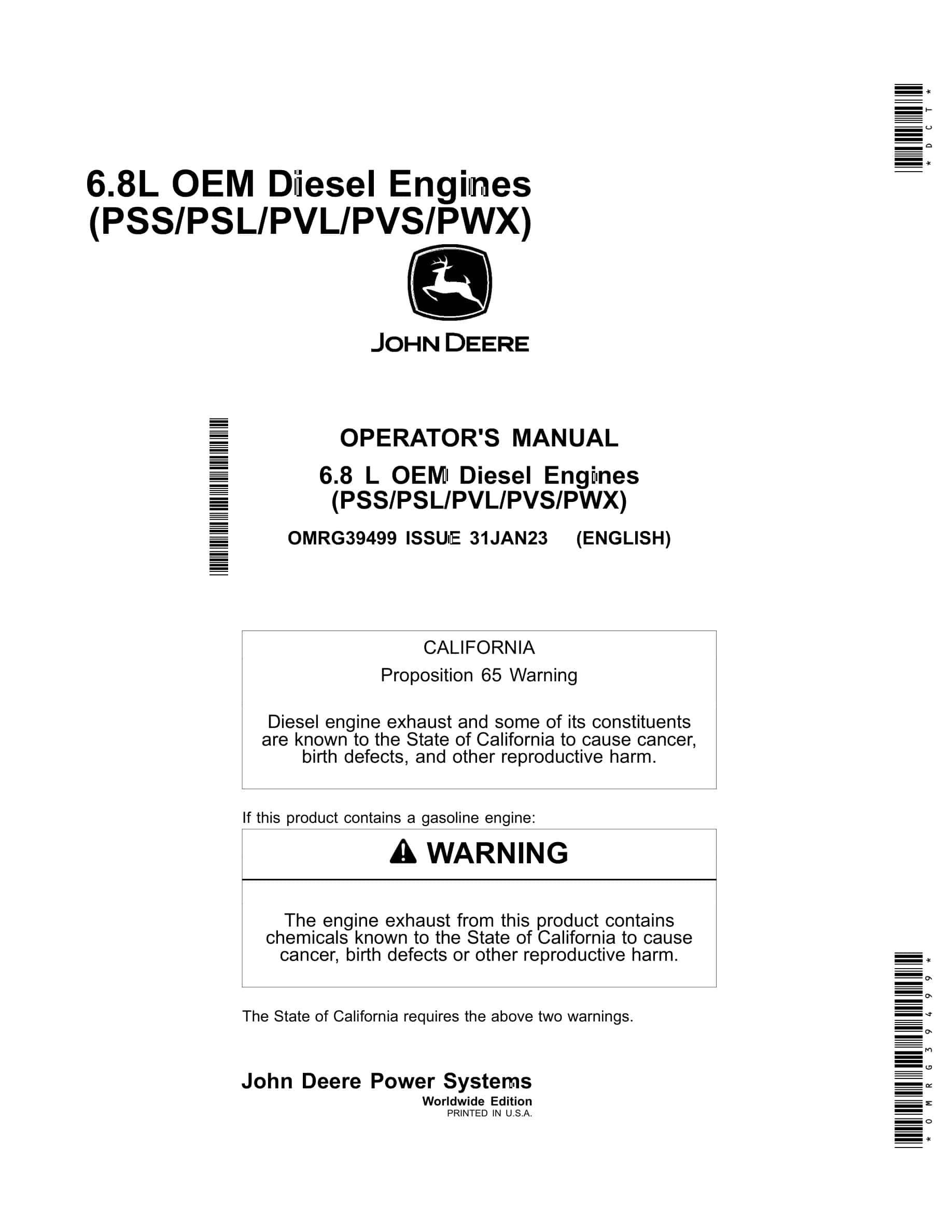 John Deere PowerTech 6.8 L OEM (PSS PSL PVL PVS PWX) Diesel Engines Operator Manual OMRG39499-1