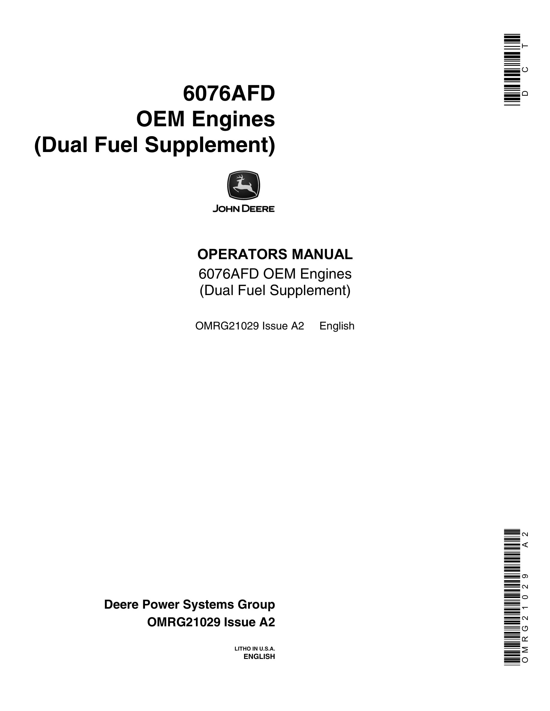 John Deere PowerTech 6076AFD OEM Engines Operator Manual OMRG21029-1