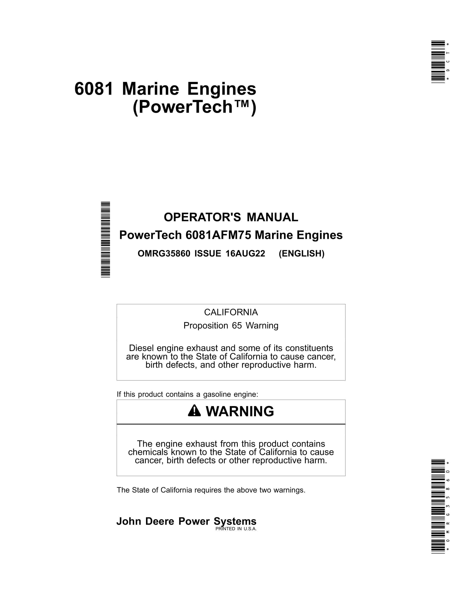 John Deere PowerTech 6081AFM75 Marine Engines Operator Manual OMRG35860-1