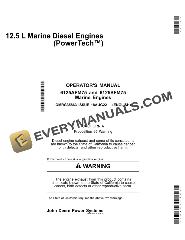 John Deere PowerTech 6125AFM75 and 6125SFM75 Marine Engines Operator Manual OMRG35863-1